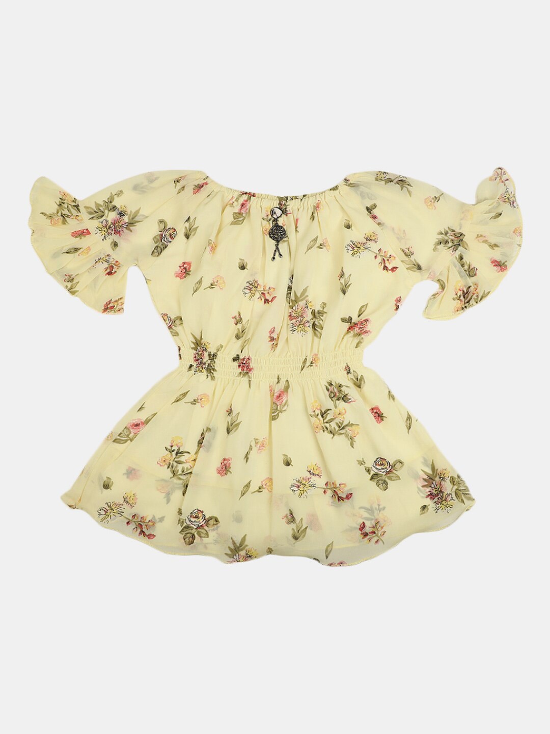 

V-Mart Girls Floral Printed Round Neck Puff Sleeve Cotton Peplum Top, Yellow