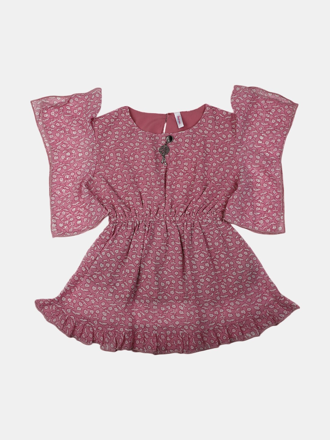 

V-Mart Girls Floral Printed Puffed Sleeves Cotton Cinched Waist Top, Pink