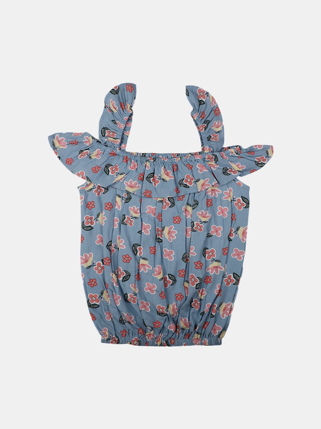 

V-Mart Girls Floral Printed Shoulder Straps Gathered and Pleated Cotton Top, Blue
