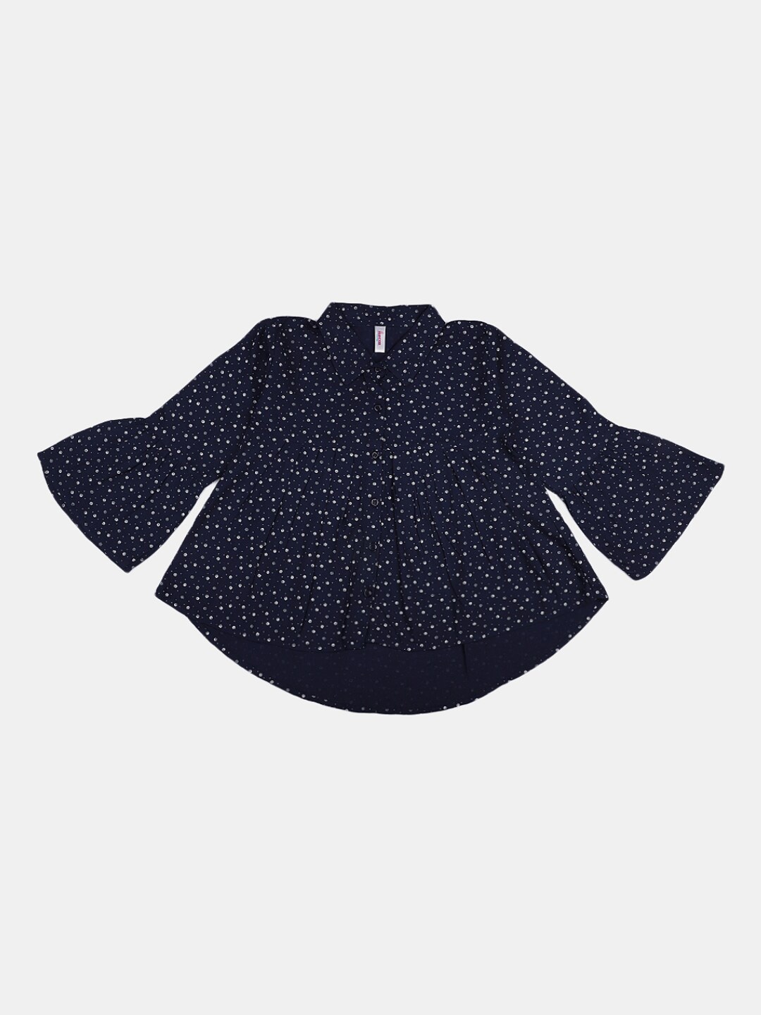 

V-Mart Girls Polka Dots Printed Shirt Collar Neck Bell sleeves Cotton Top, Navy blue