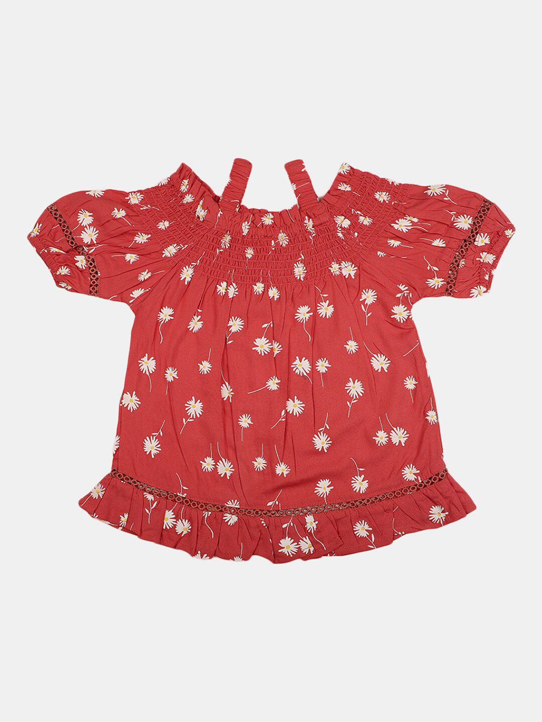 

V-Mart Girls Floral Printed Cold-Shoulder Blouson Top, Red
