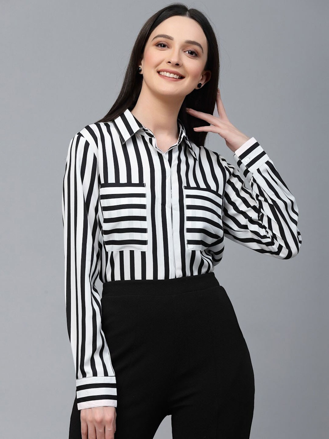 

Style Quotient Smart Striped Semi Formal Shirt, Black