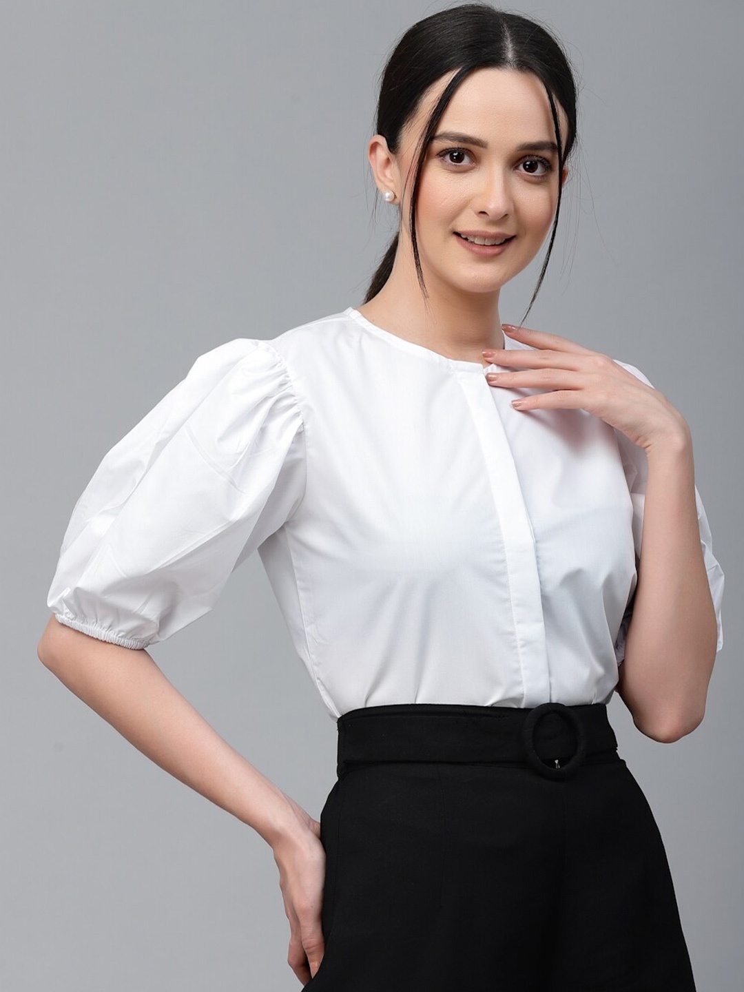 

Style Quotient Puff Sleeves Cotton Shirt Style Top, White