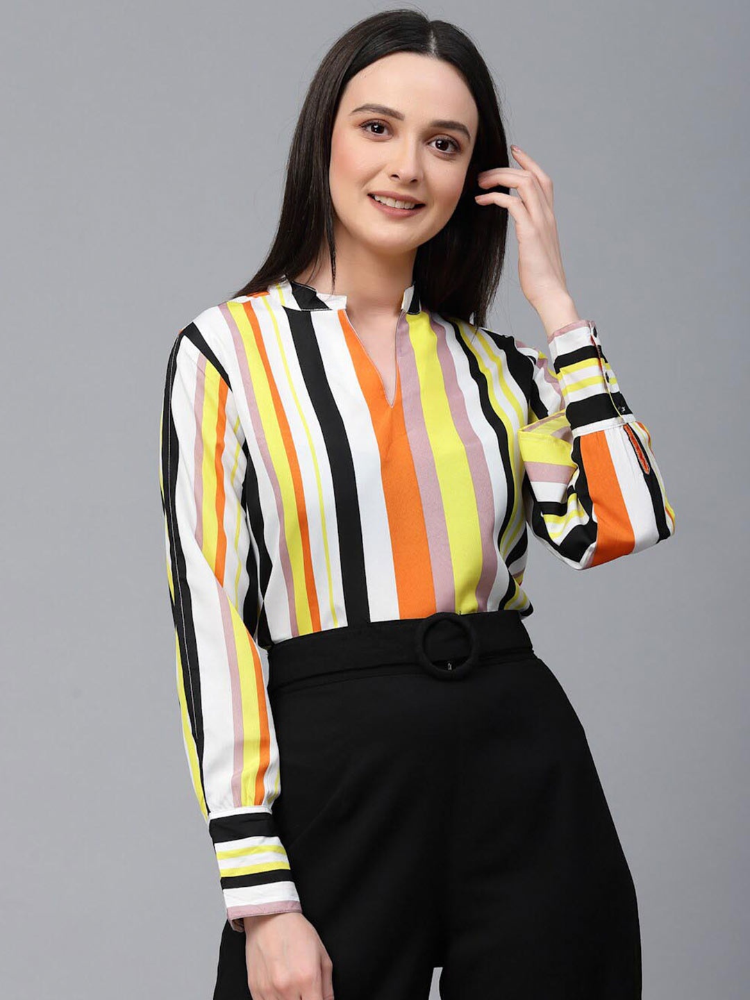 

Style Quotient Striped Mandarin Collar Shirt Style Top, White