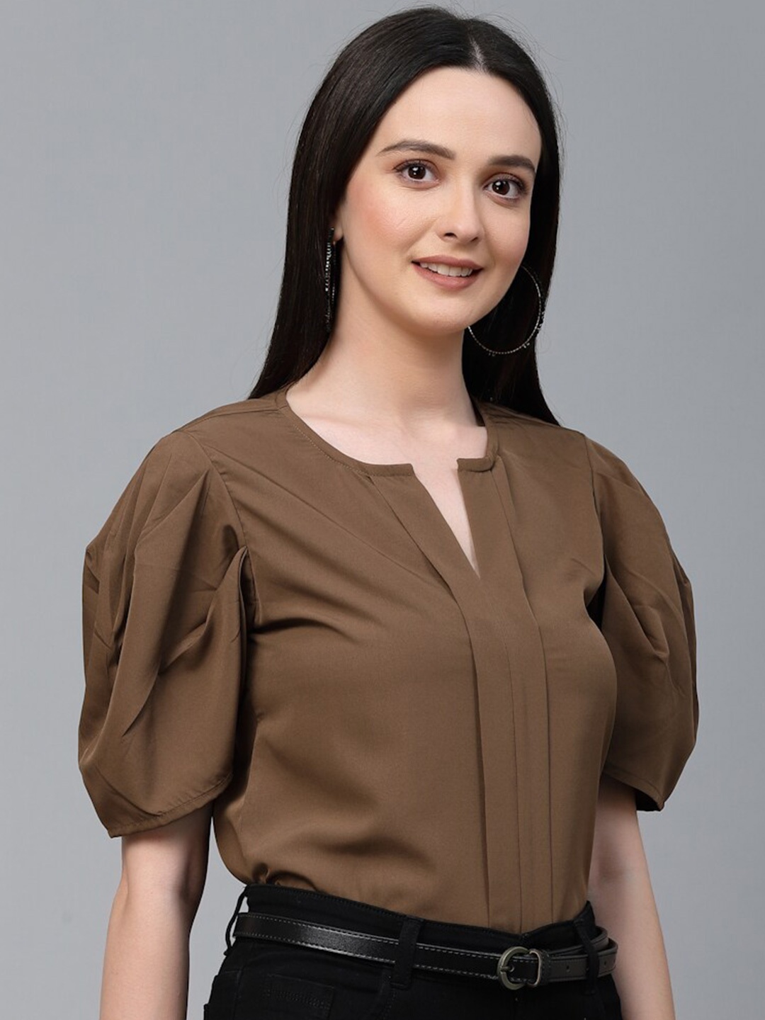 

Style Quotient Puff Sleeves Pleated Top, Brown