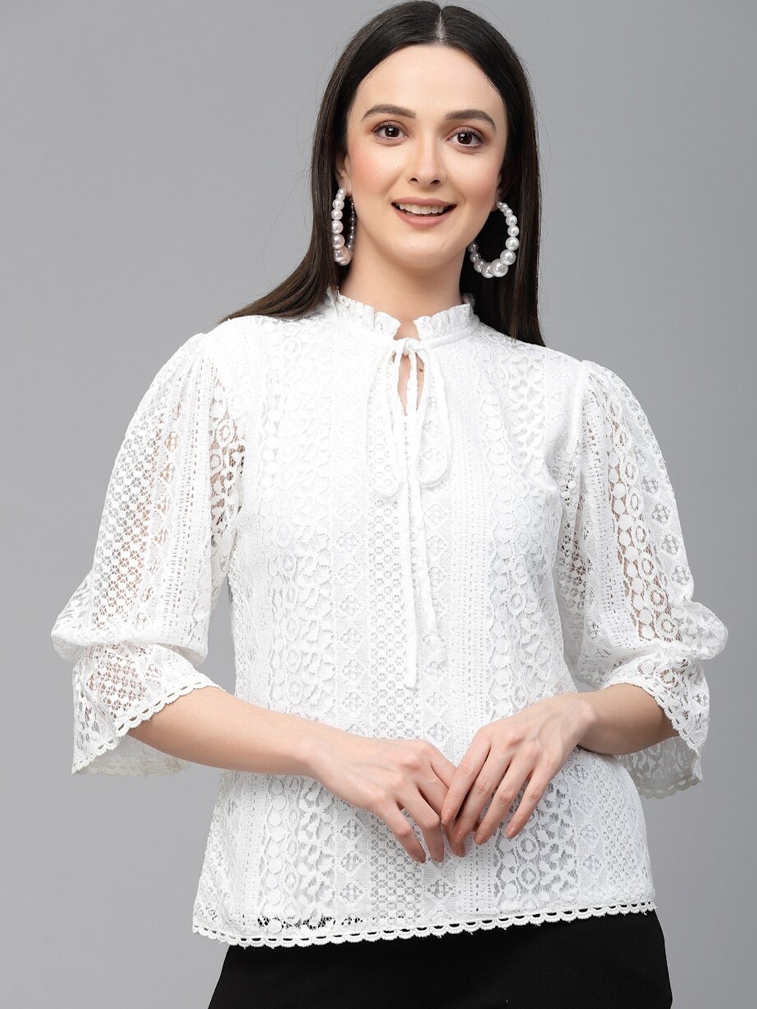 

Style Quotient Self Design Tie-Up Neck Puff Sleeves Lace Cotton Top, White