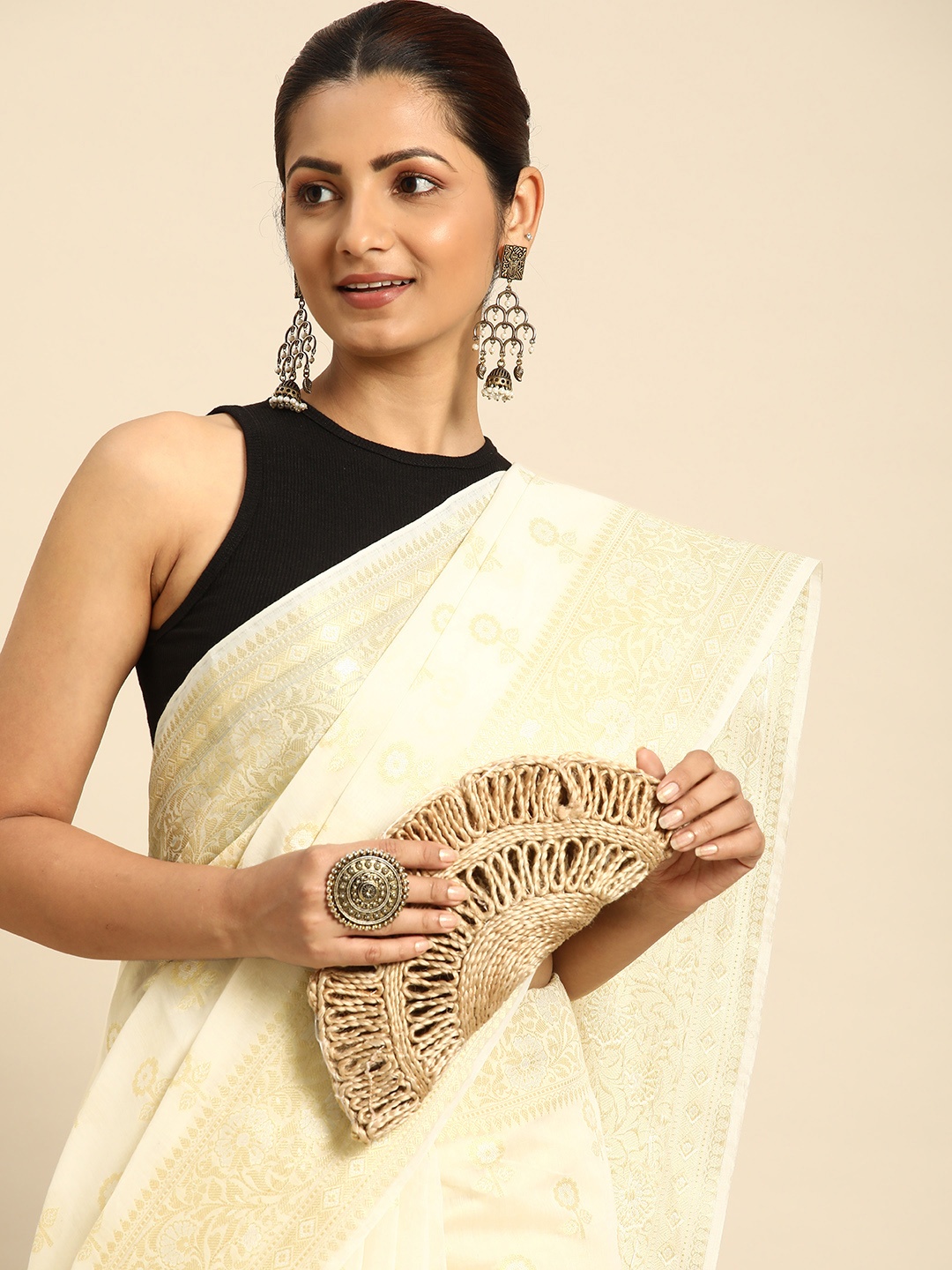 

Taavi Ethnic Motifs Printed Woven Legacy Zari Saree, Off white