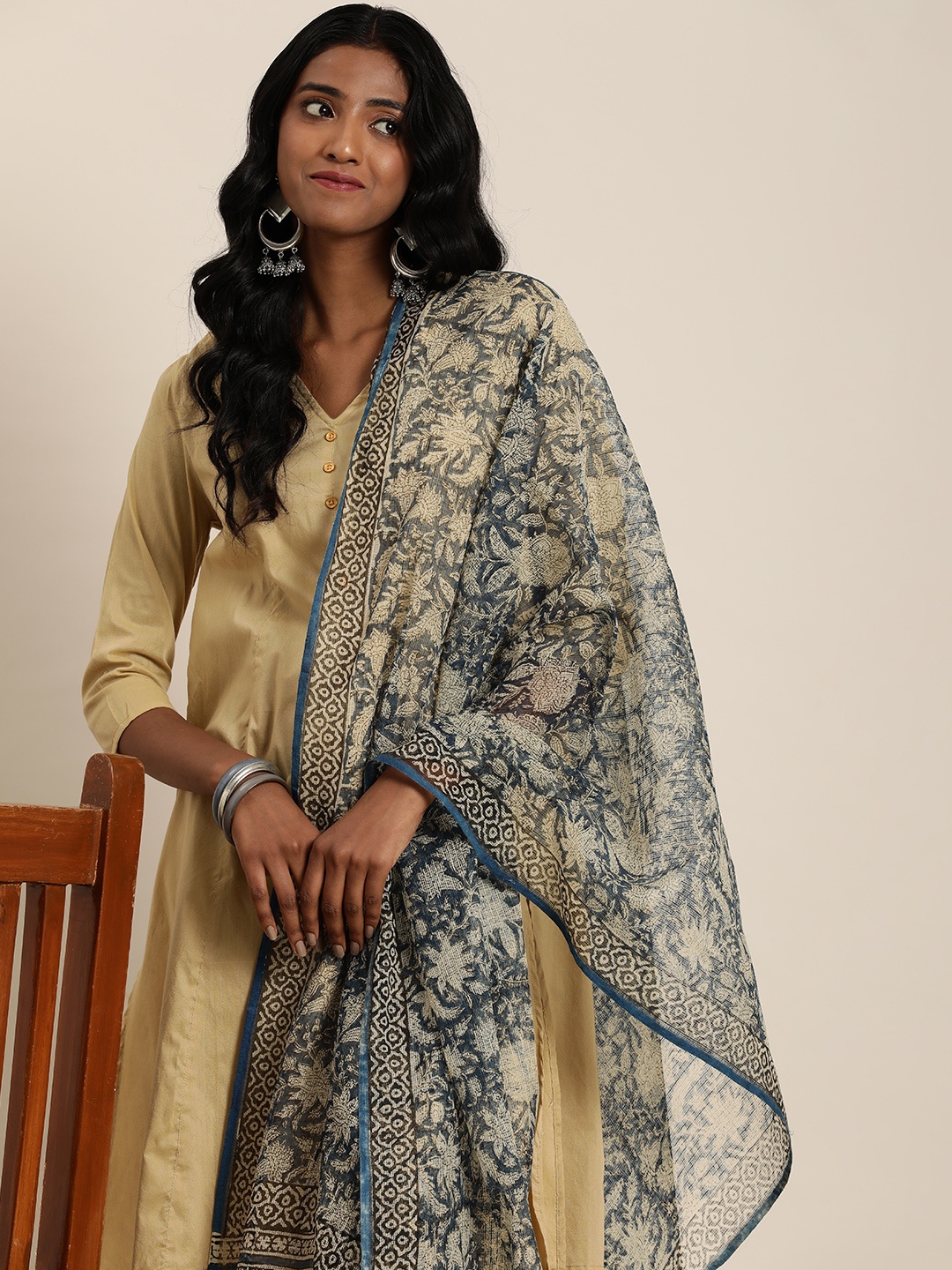 

Taavi Bagru Printed Cotton Silk Dupatta, Blue