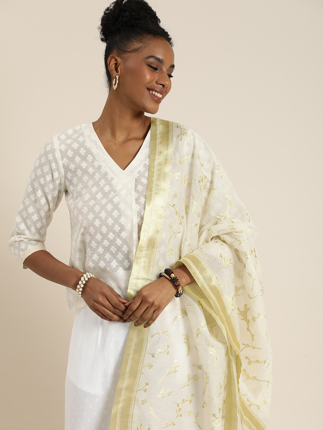 

Taavi Women Floral Woven Design Ethnic Dupatta, White