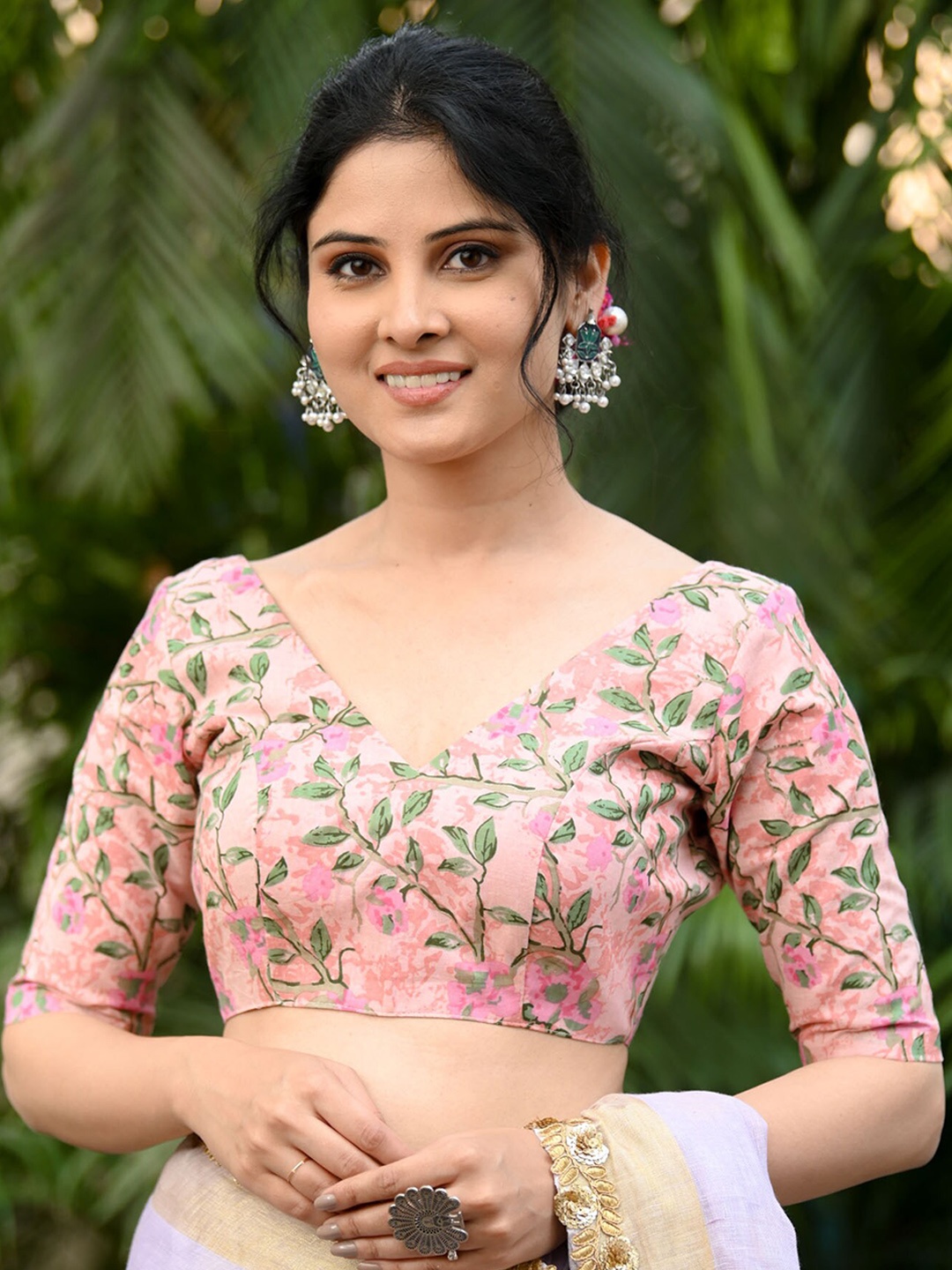 

BEATITUDE Printed Organic Cotton Saree Blouse, Pink