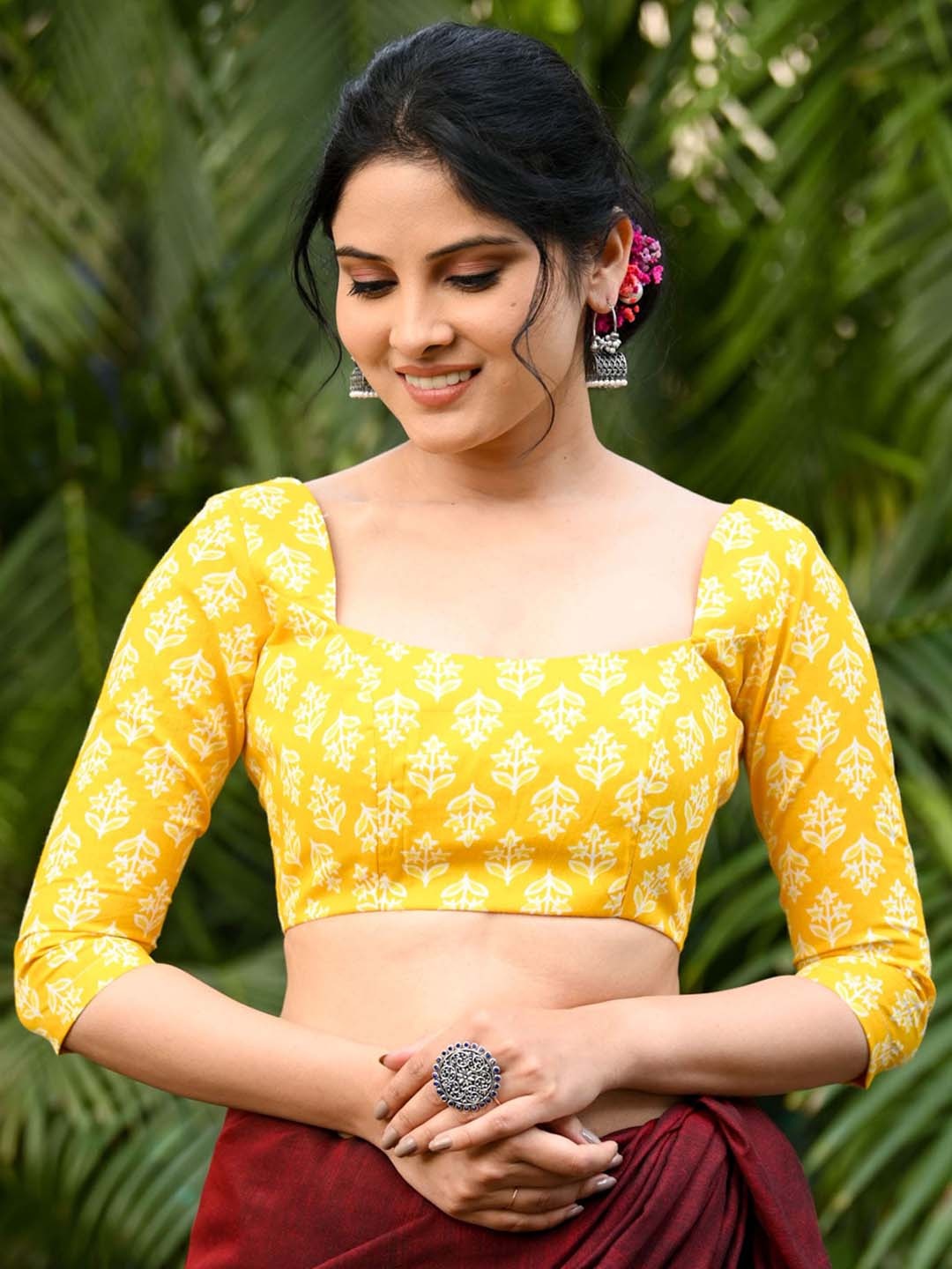 

BEATITUDE Printed Organic Cotton Saree Blouse, Yellow