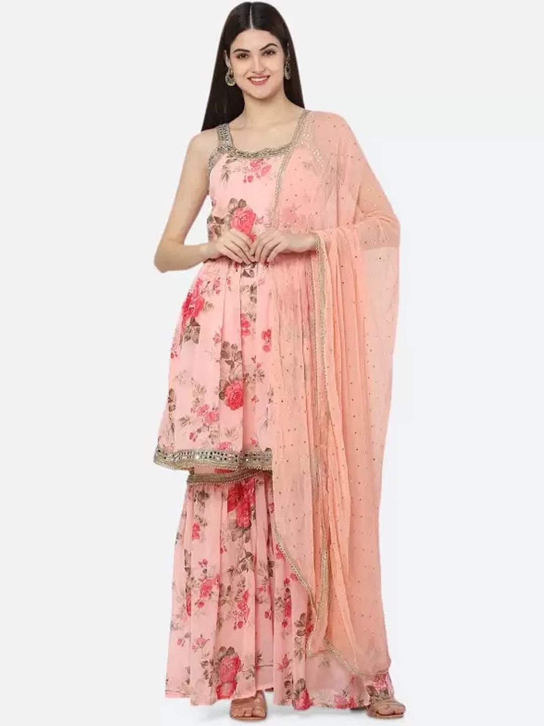 

Ashnaina Floral Printed Mirror Work Anarkali Kurti with Sharara & Dupatta, Peach