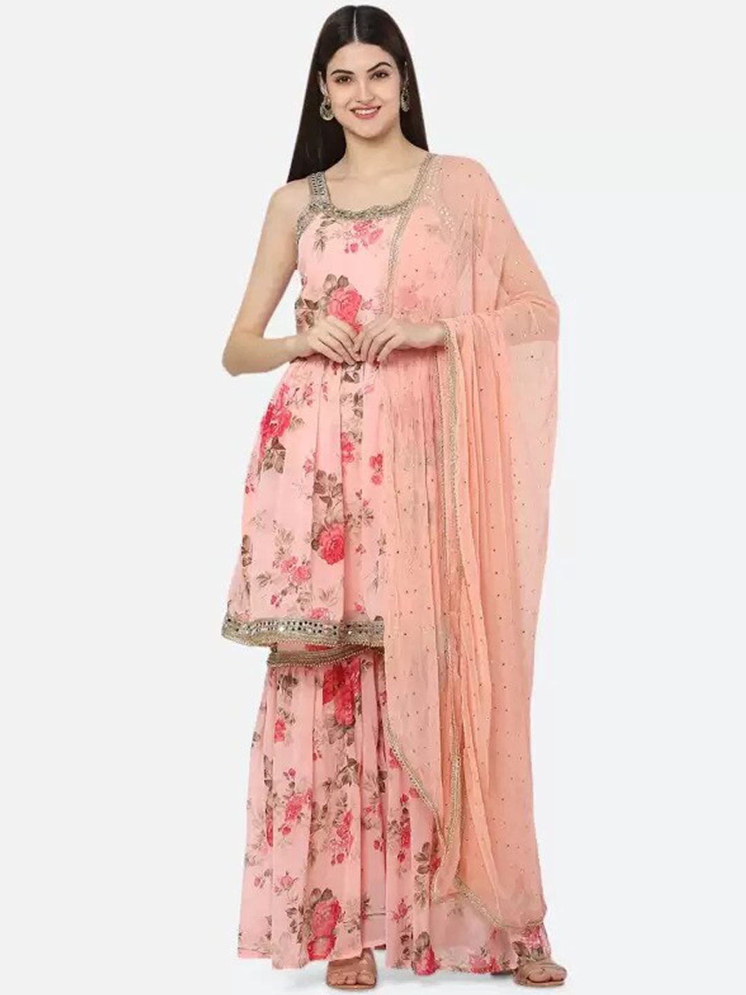 

Ashnaina Floral Printed Mirror Work Anarkali Kurti with Sharara & Dupatta, Peach