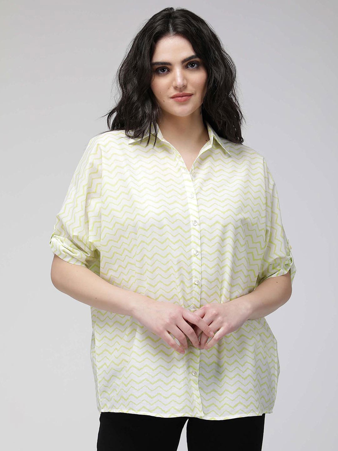 

IDK White Roll-Up Sleeves Cotton Shirt Style Top