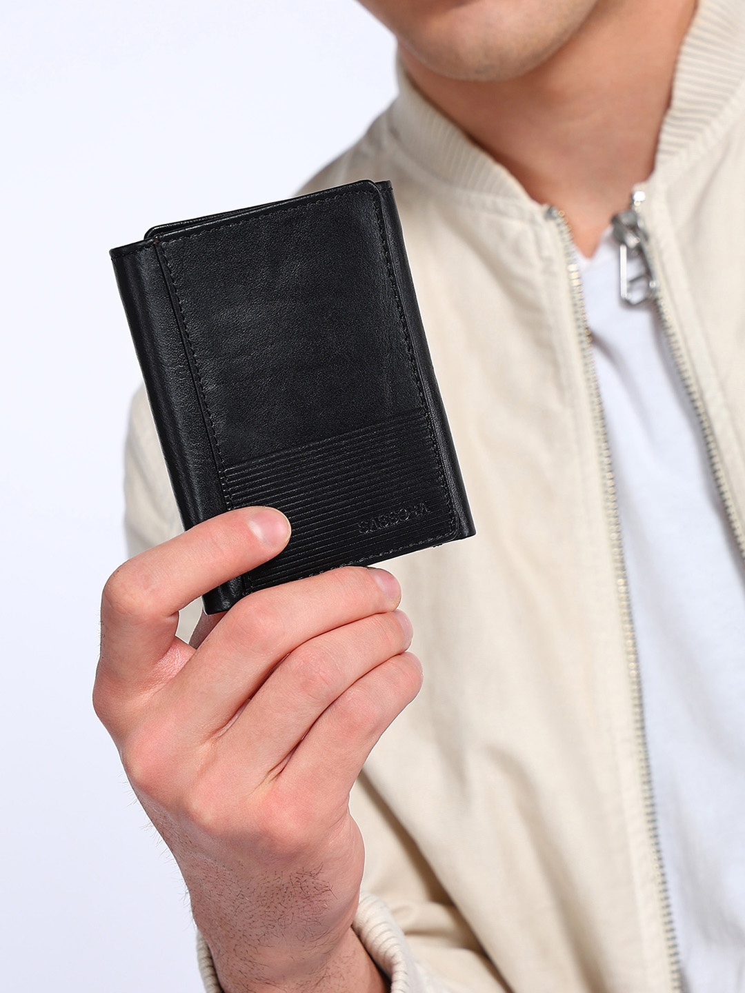 

Sassora Men Textured Leather Three Fold Wallet, Black