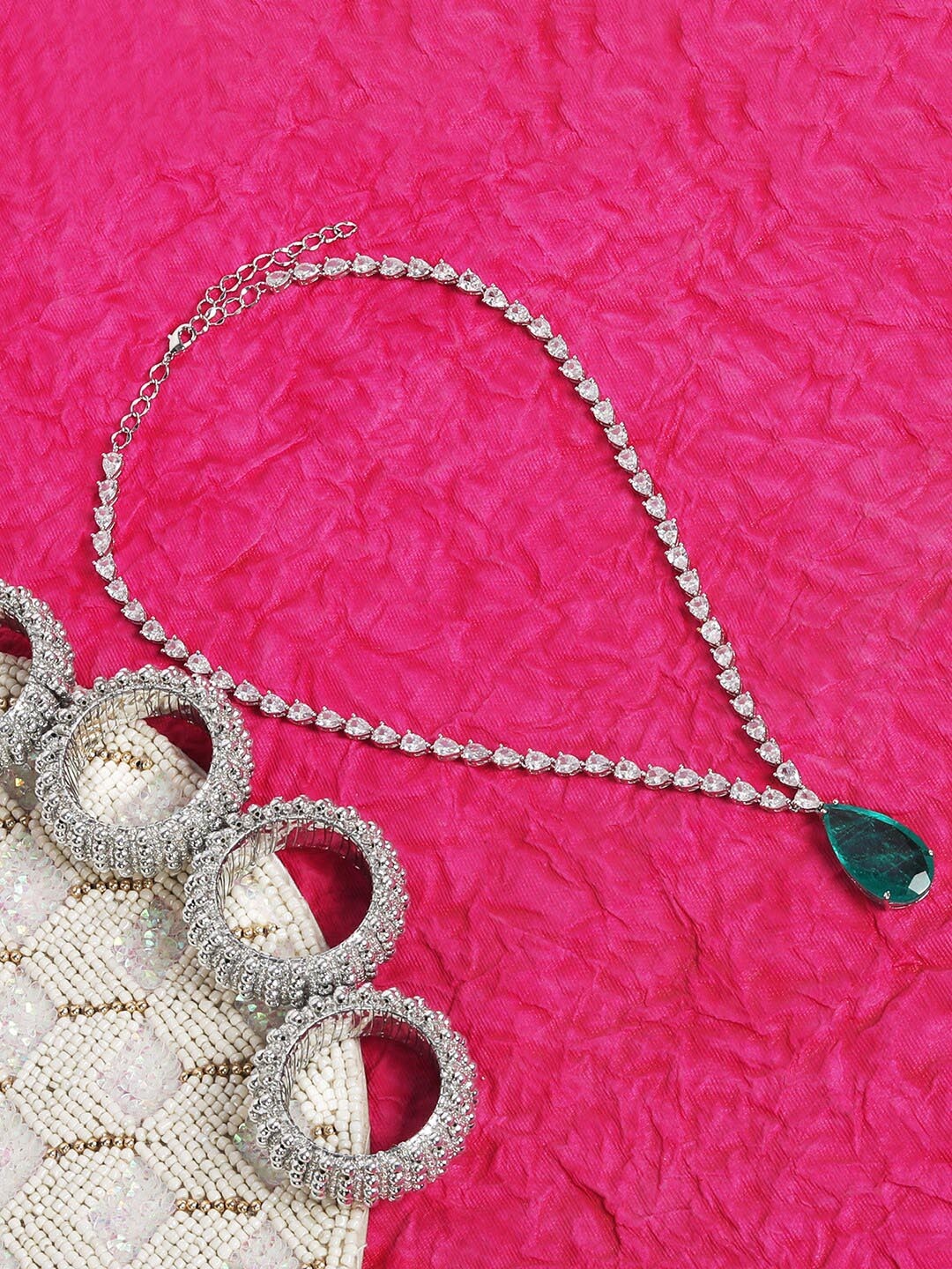 

AURAA TRENDS Rhodium-Plated CZ Studded Necklace, Green