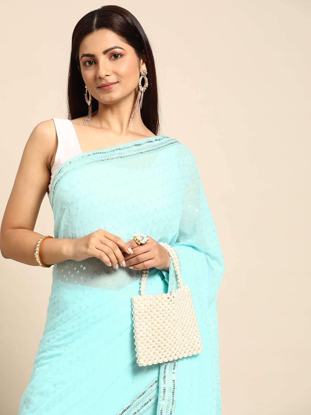 

HERE&NOW Striped Sequinned Poly Georgette Saree, Blue