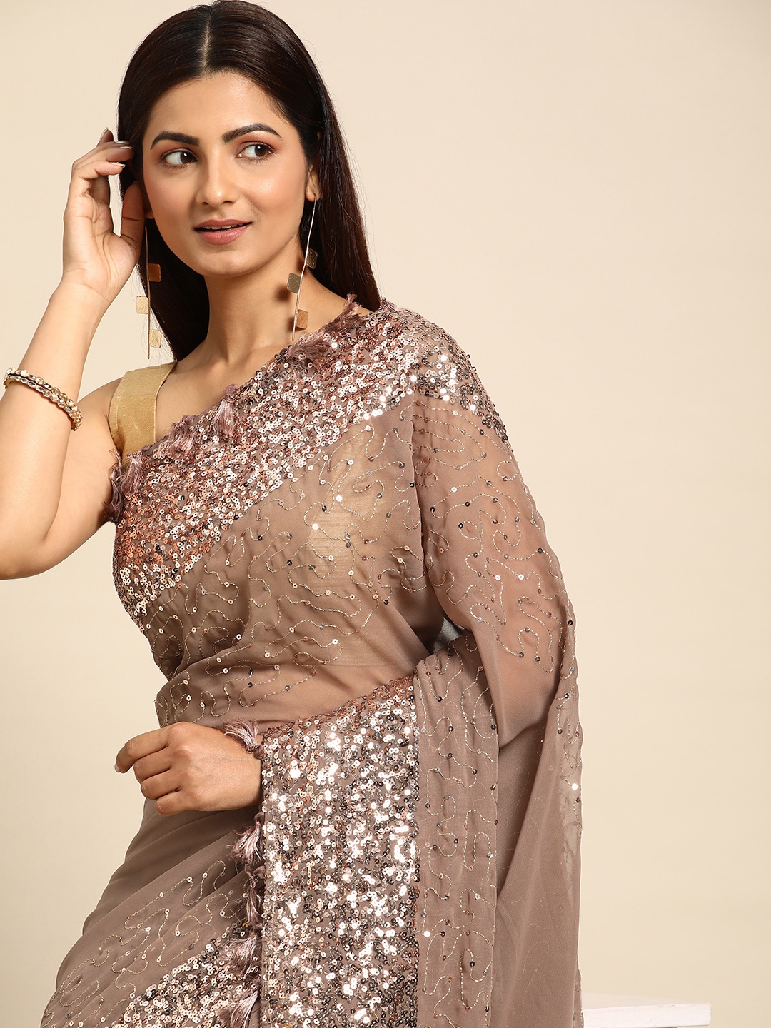 

HERE&NOW Embellished Sequinned Poly Georgette Saree, Brown