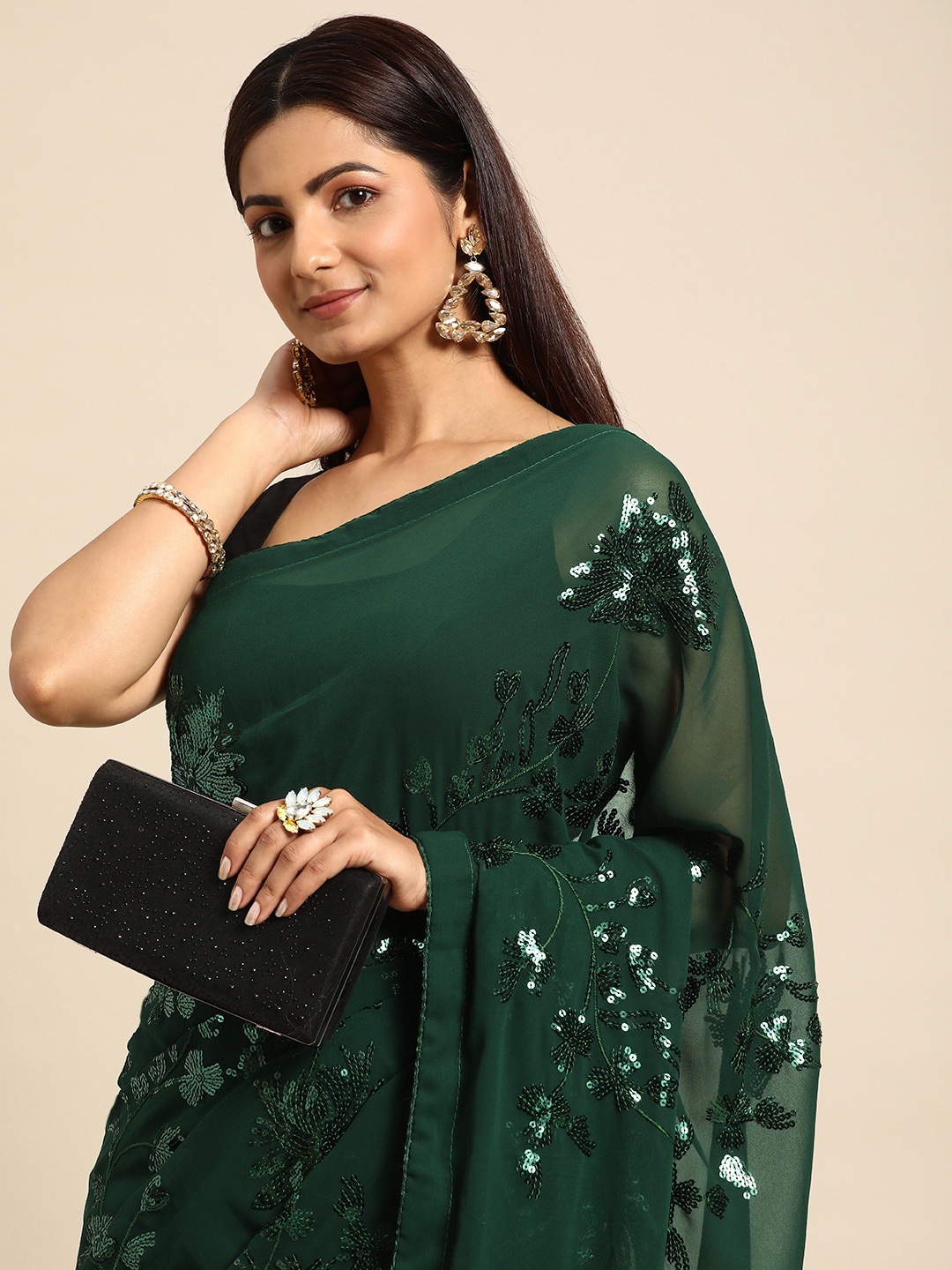 

HERE&NOW Floral Sequinned Poly Georgette Saree, Green