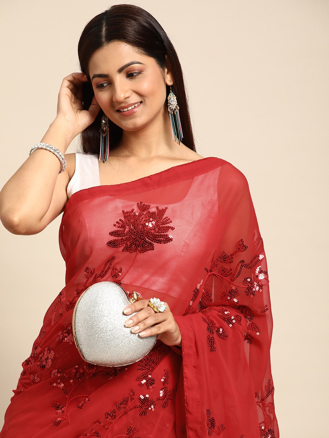 

HERE&NOW Floral Sequinned Poly Georgette Saree, Red