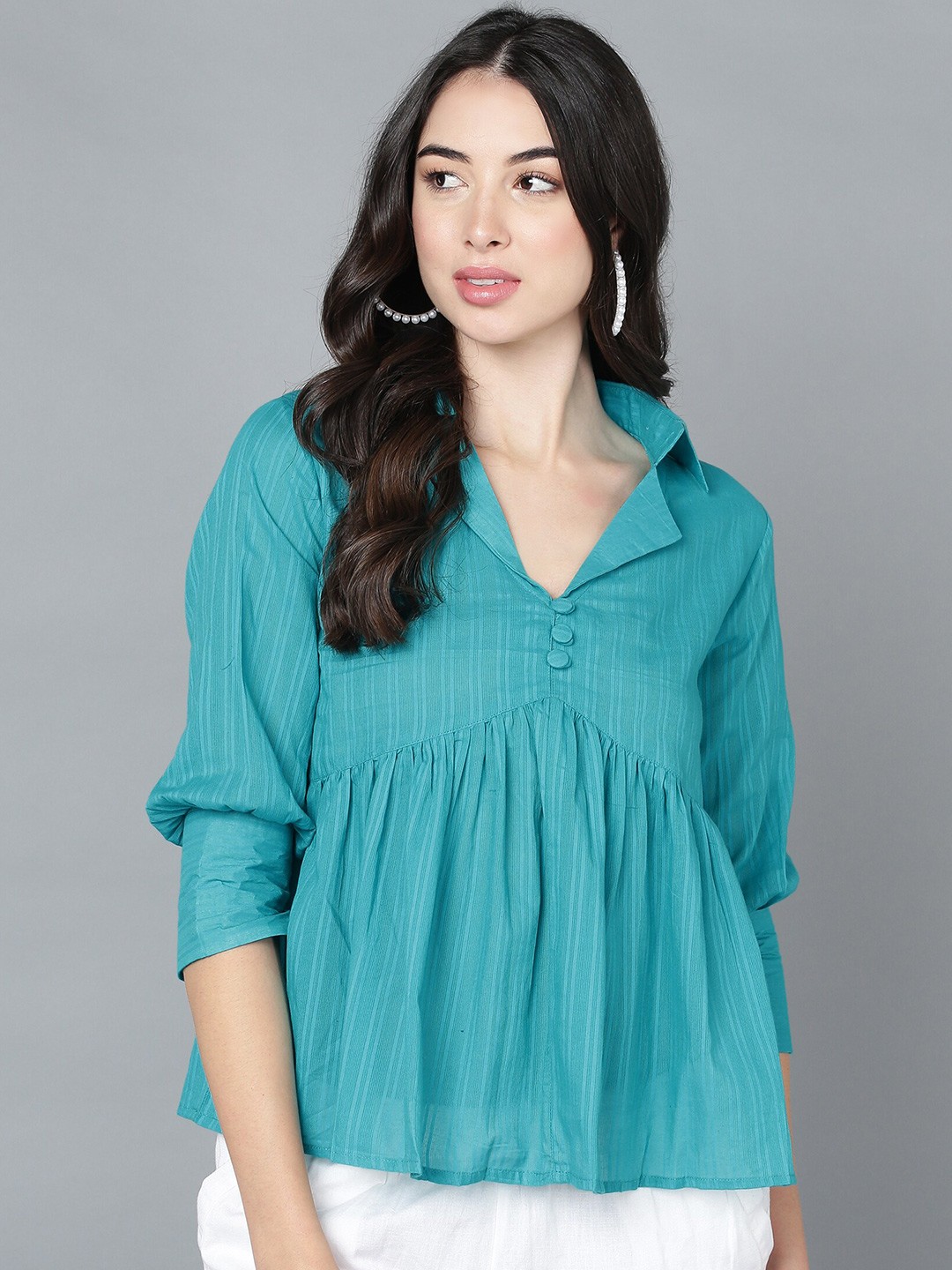 

KALINI Shirt Collar Cotton Empire Top, Turquoise blue