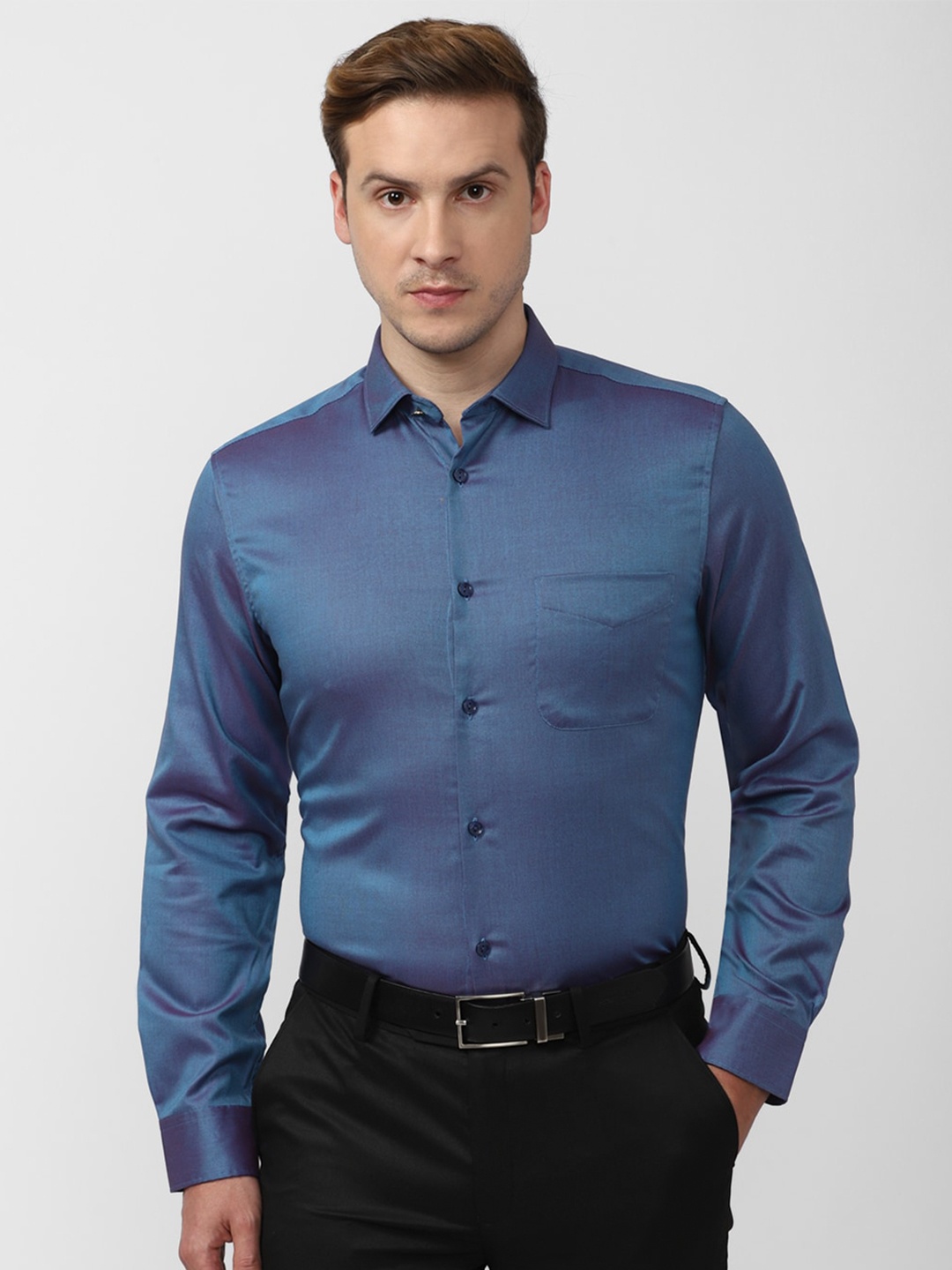 

Peter England Elite Textured Spread Collar Opaque Pure Cotton Formal Shirt, Blue