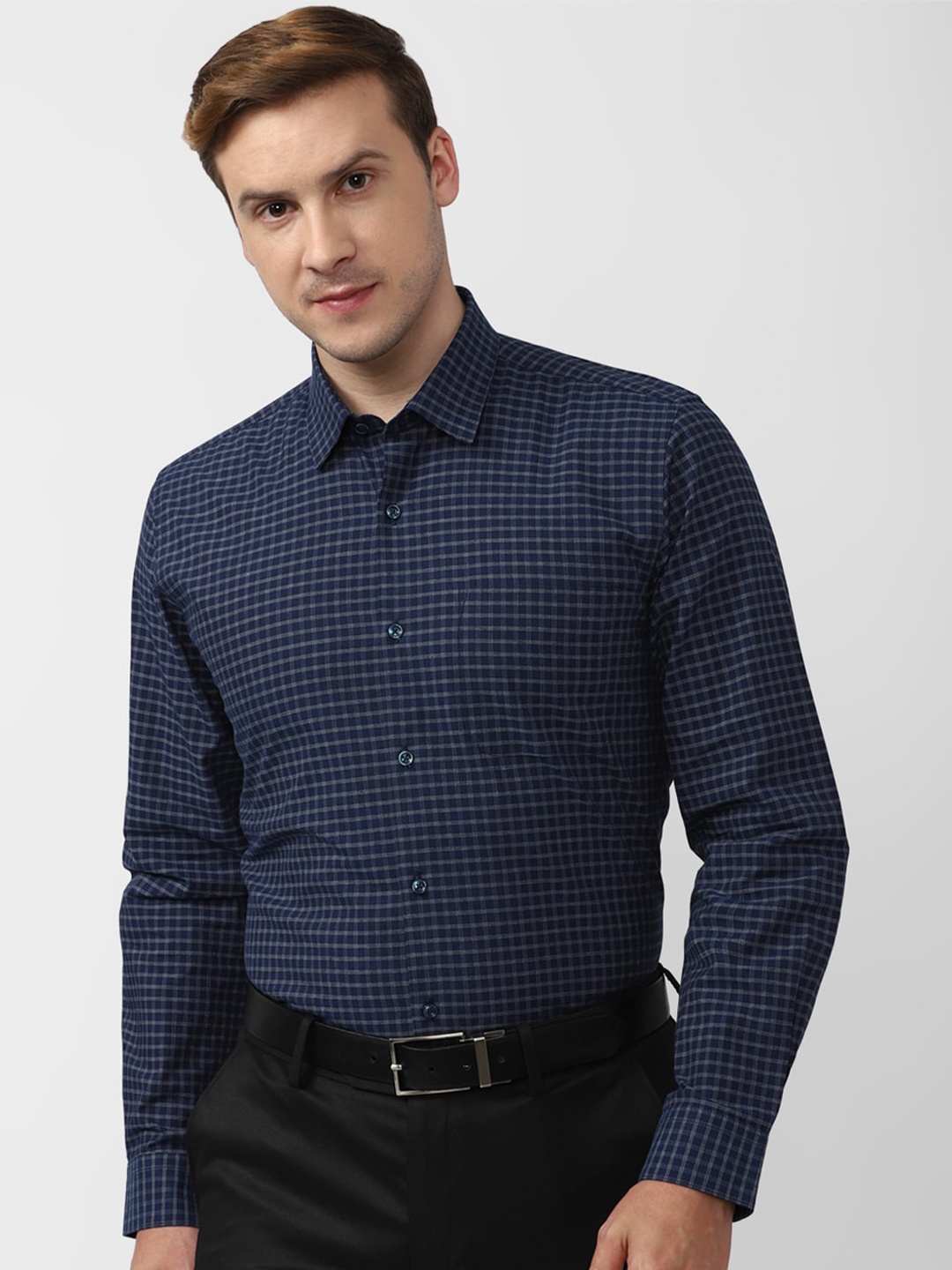 

Peter England Checked Spread Collar Pure Cotton Slim Fit Formal Shirt, Navy blue