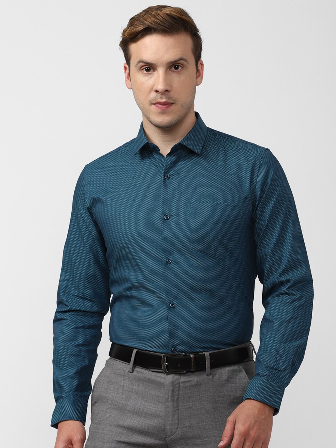 

Peter England Micro Ditsy Printed Spread Collar Pure Cotton Slim Fit Formal Shirt, Teal