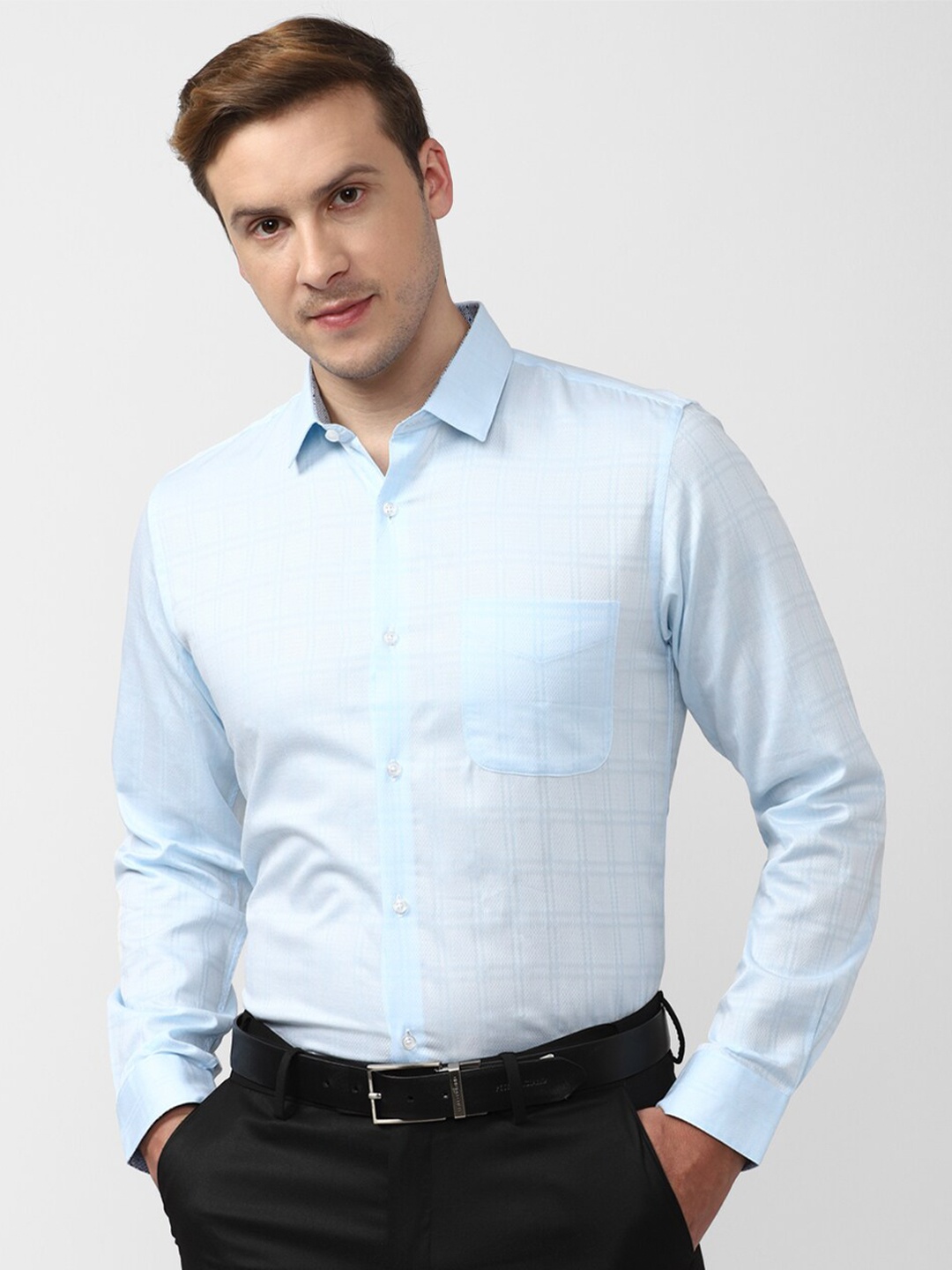 

Peter England Self Design Spread Collar Pure Cotton Slim Fit Formal Shirt, Blue