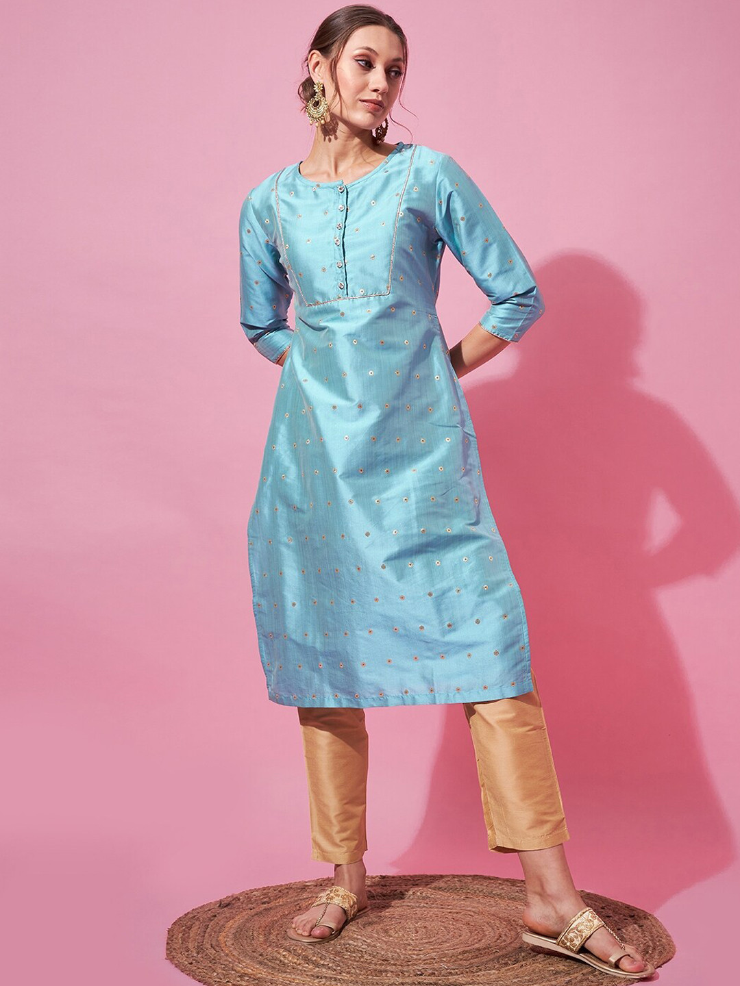 

indo street Ethnic Motifs Woven Design A-Line Kurta with Trousers, Turquoise blue
