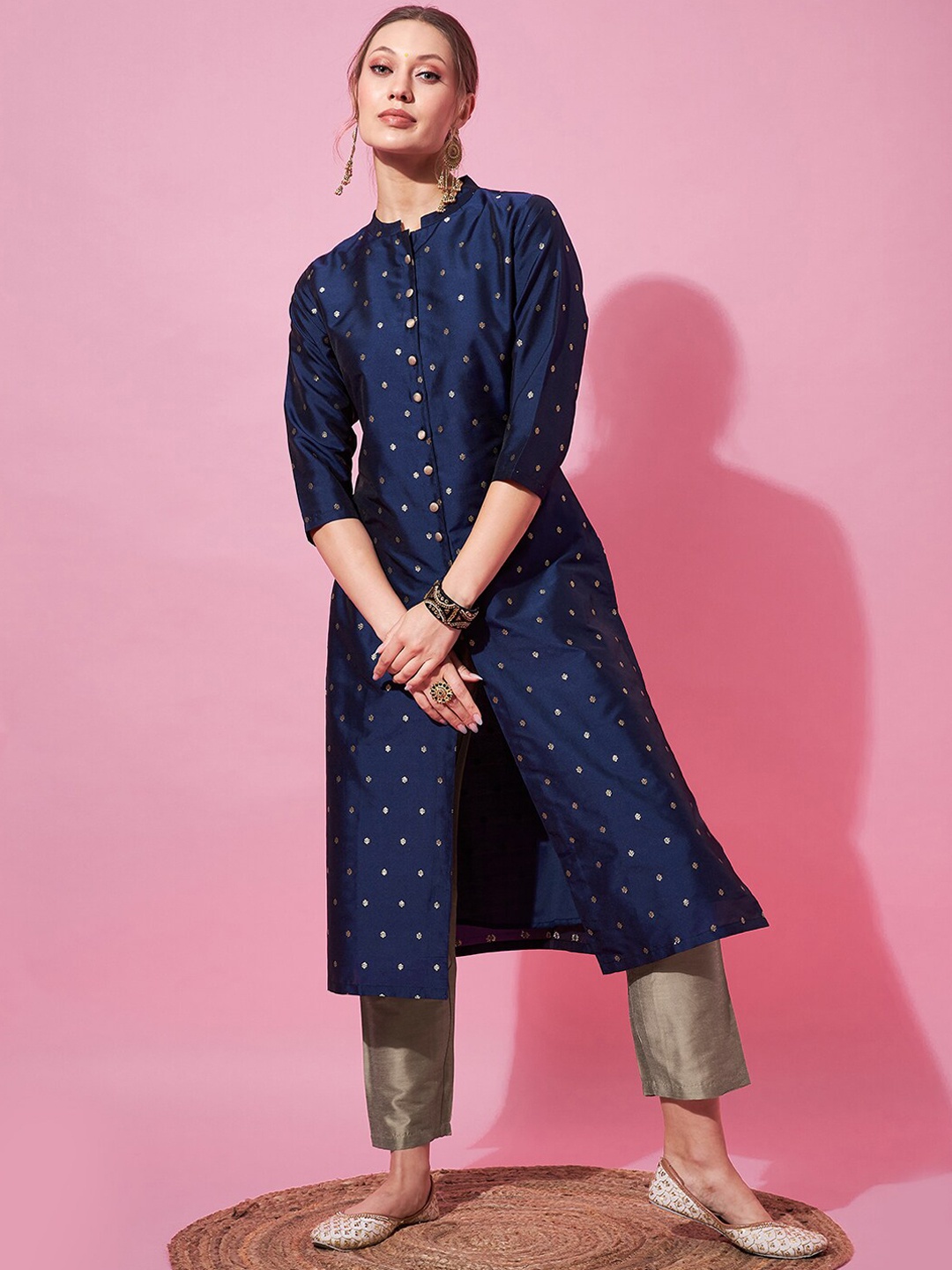 

indo street Ethnic Motifs Self Design Multiple Slits A-Line Kurta with Palazzos, Navy blue