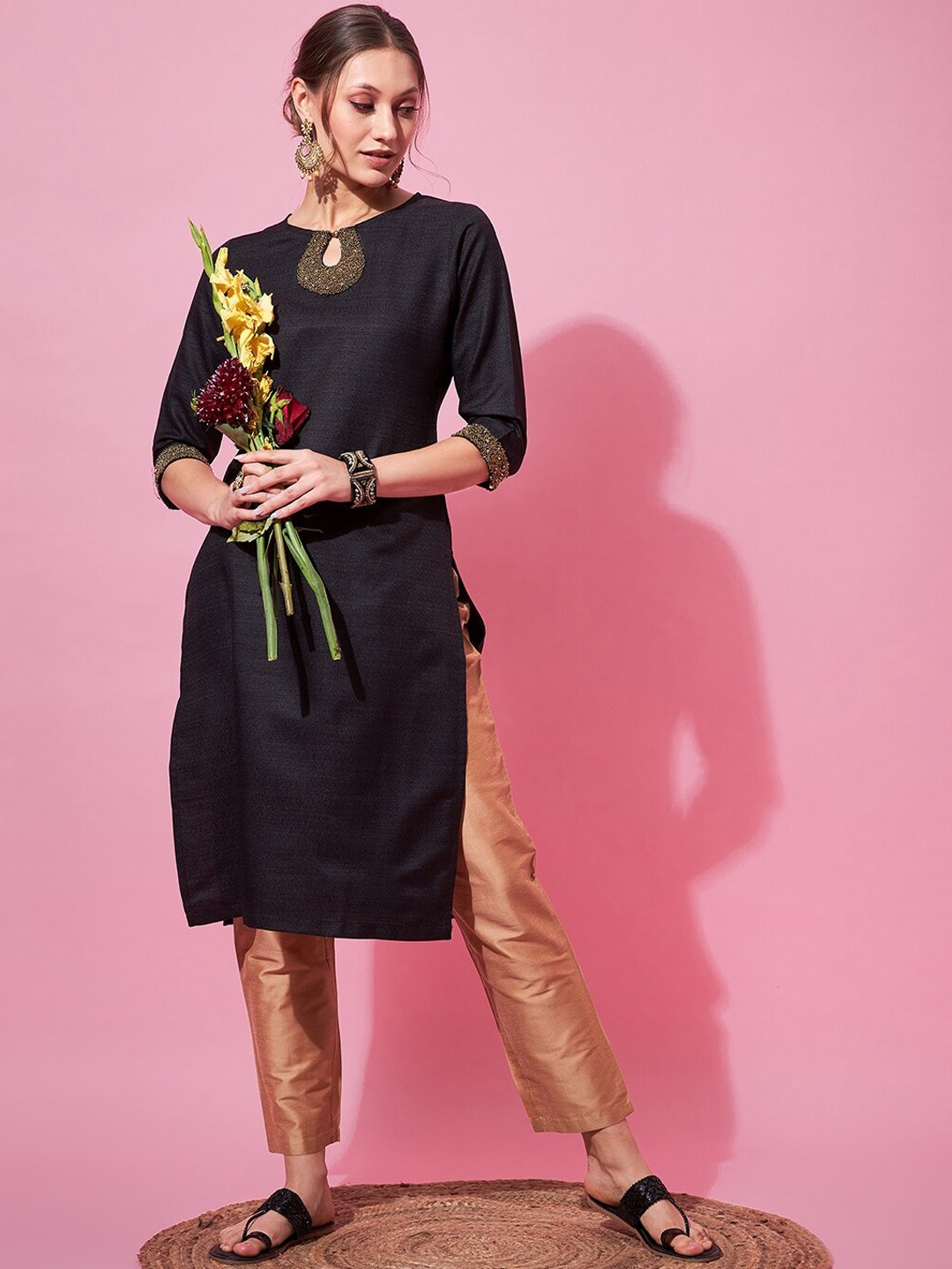 

indo street Keyhole Neck Beads and Stones Kurta with Trousers, Black