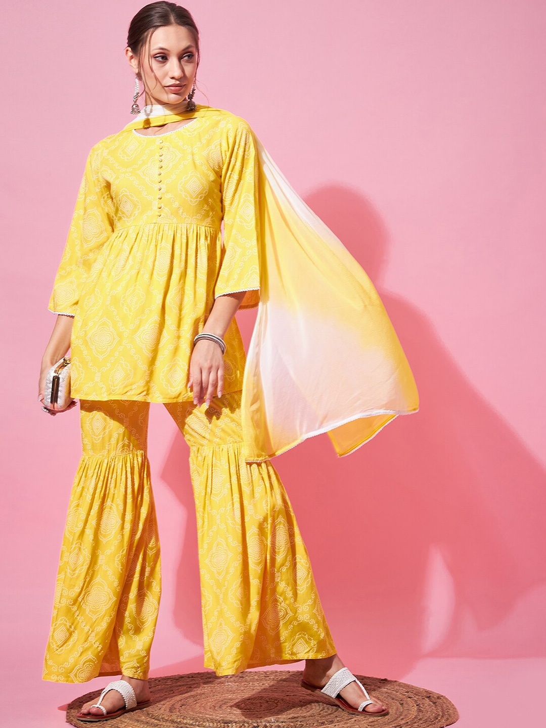 

indo street Bandhani Printed A-Line Pleated Kurti with Sharara & Dupatta, Yellow