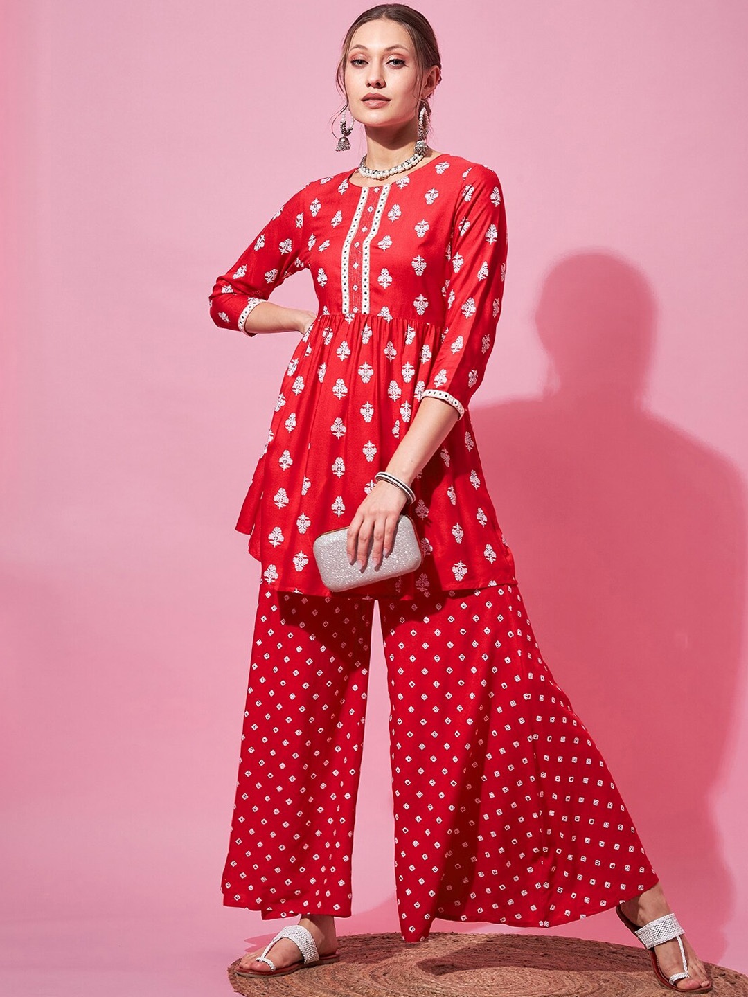 

indo street Floral Printed Mirror Work Pleated A-Line Kurta with Palazzos, Red