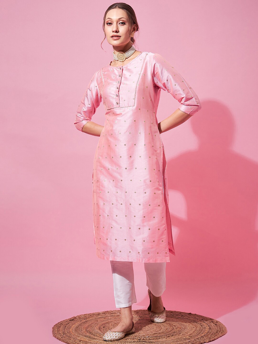 

indo street Ethnic Motifs Self Design Zari Kurta with Trousers, Pink