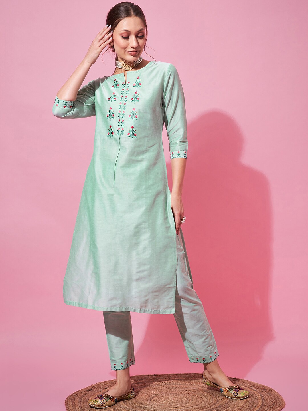 

indo street Embroidered A-Line Kurta with Trousers, Sea green