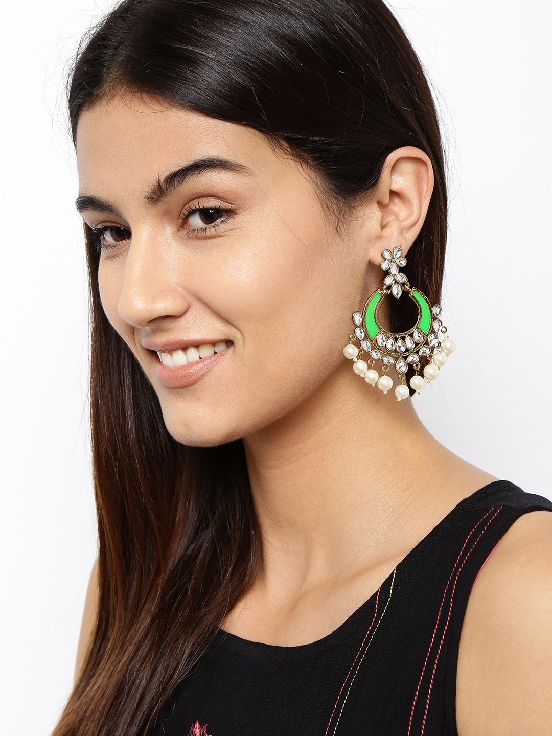 

Fida Gold-Toned & Green Floral Chandbalis