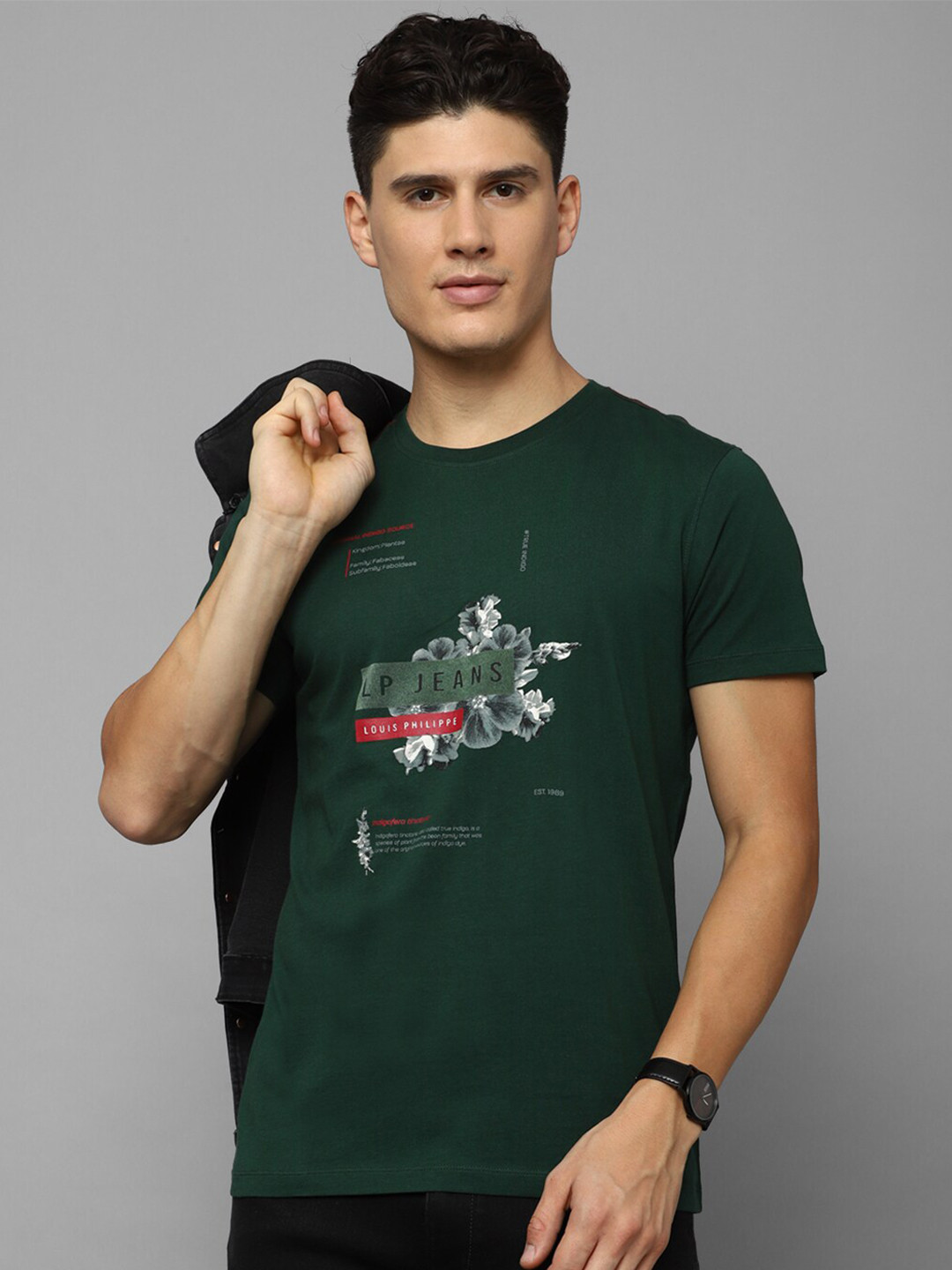 

Louis Philippe Jeans Typography Printed Pure Cotton Slim Fit T-shirt, Green