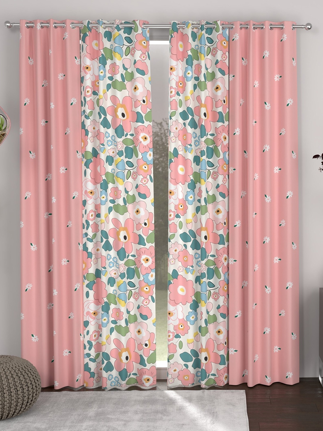 

CHHAVI INDIA Pink & White 4 Pieces Floral Printed Door Curtain