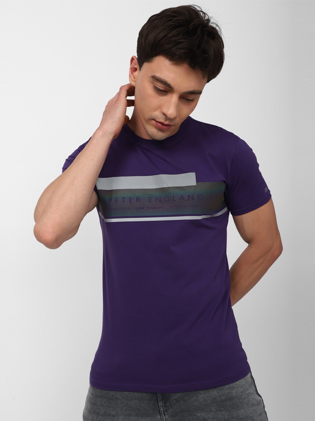 

Peter England Casuals Striped Typography Printed Slim Fit Cotton T-shirt, Purple