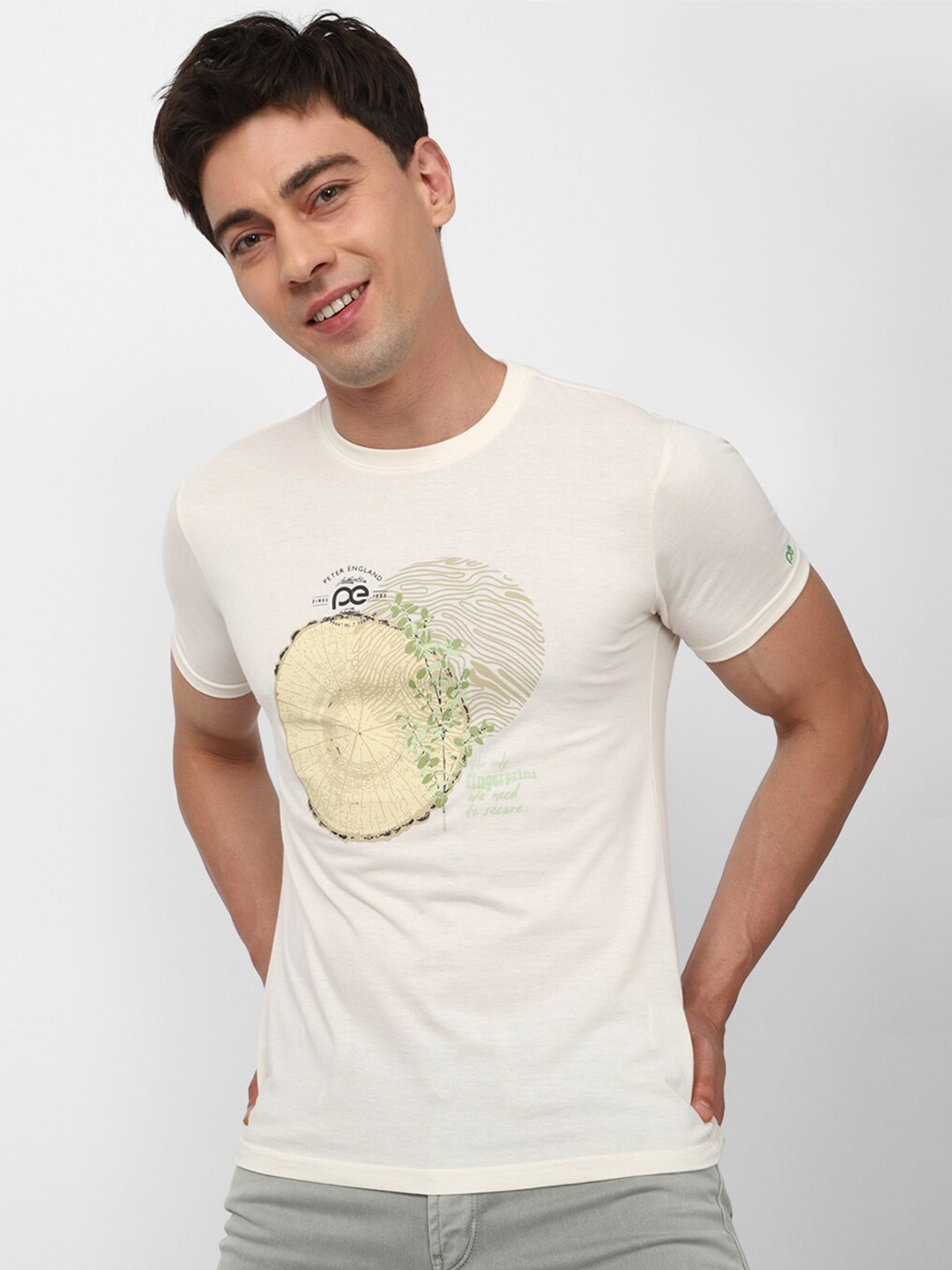 

Peter England Casuals Graphic Printed Slim Fit T-shirt, Cream