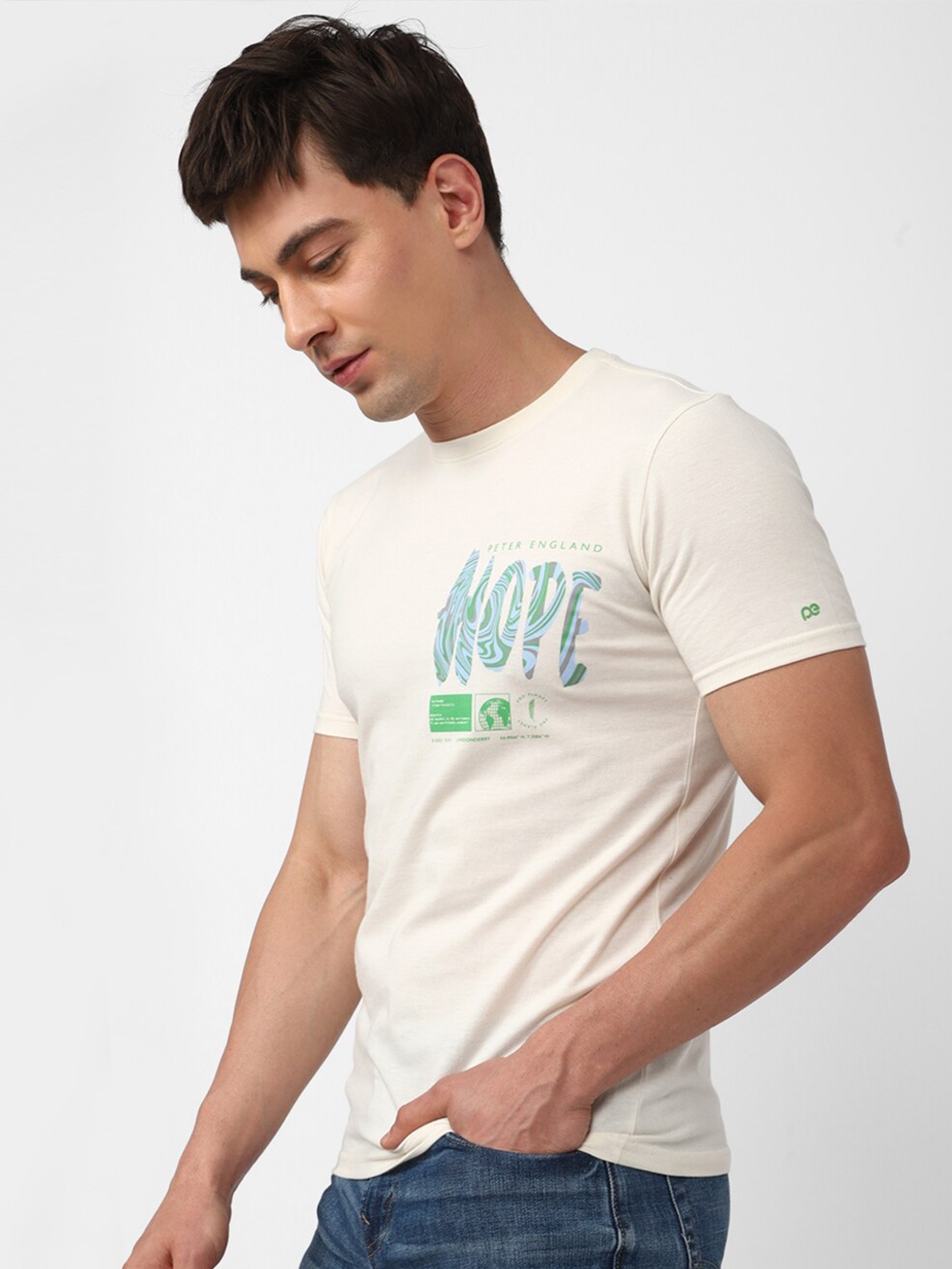 

Peter England Casuals Typography Printed Slim Fit T-shirt, Cream