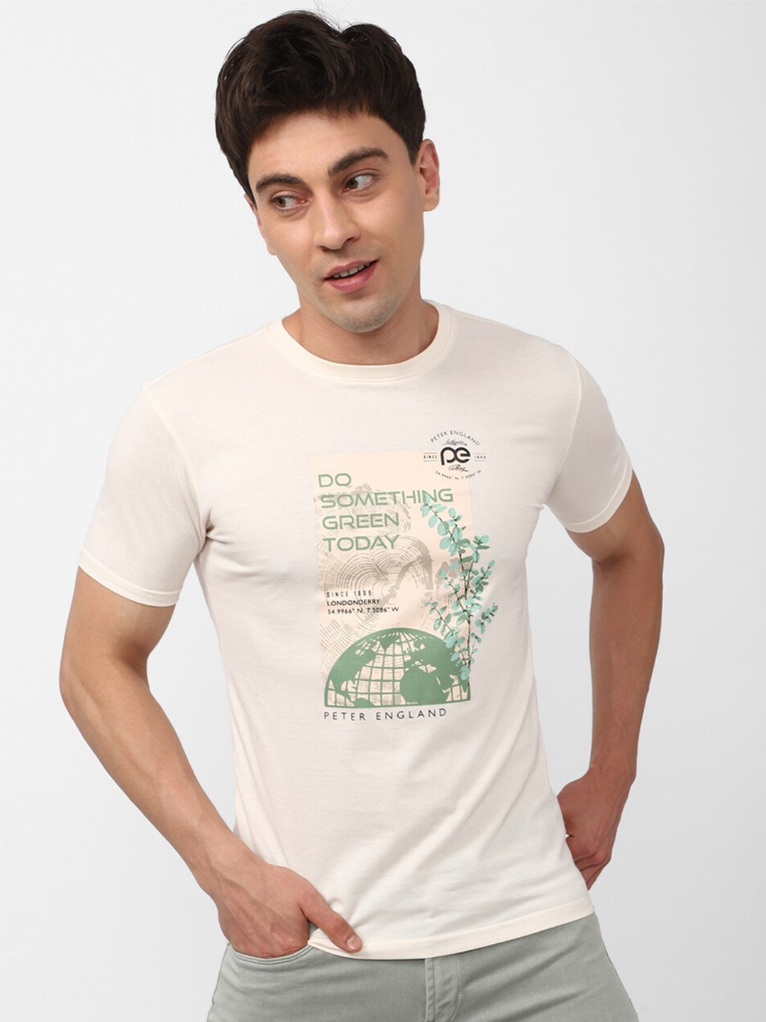 Peter England Casuals Graphic Printed Slim Fit T-shirt, Cream