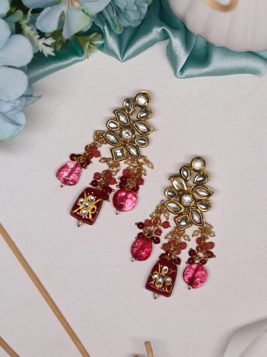 

Ishhaara Gold-Plated Teardrop Shaped Drop Earrings, Pink