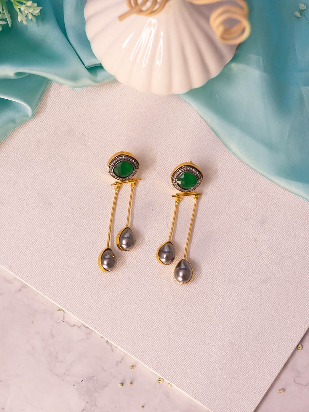 

Ishhaara Gold Plated Geometric Tassel Drop Earrings, Green