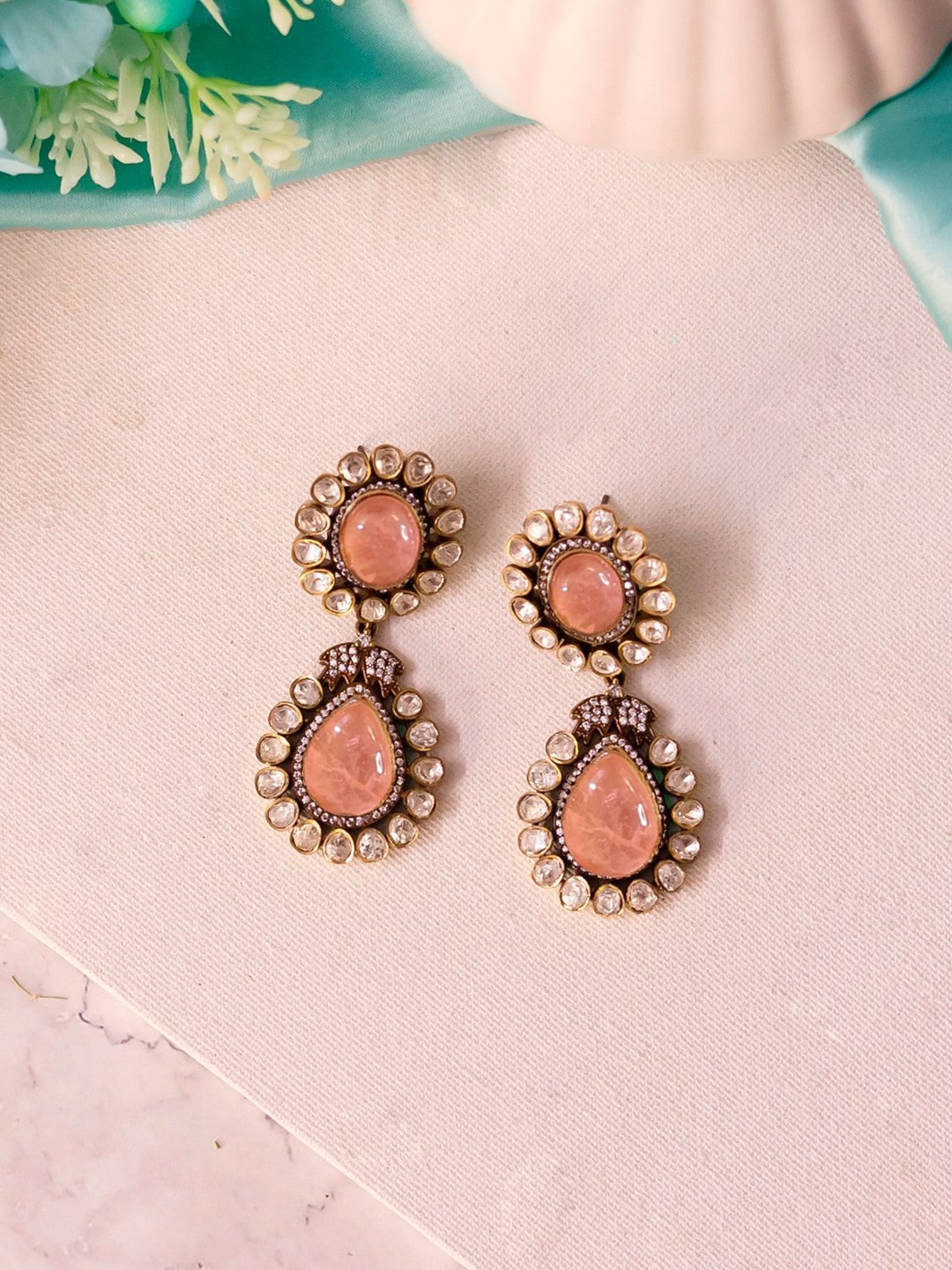 

Ishhaara Gold Plated Teardrop Shaped Drop Earrings, Pink