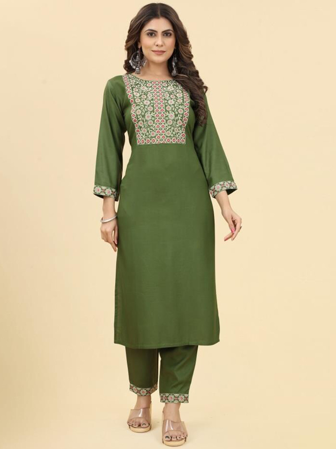 

KALINI Floral Embroidered Boat Neck Thread Work Kurta with Trousers, Green