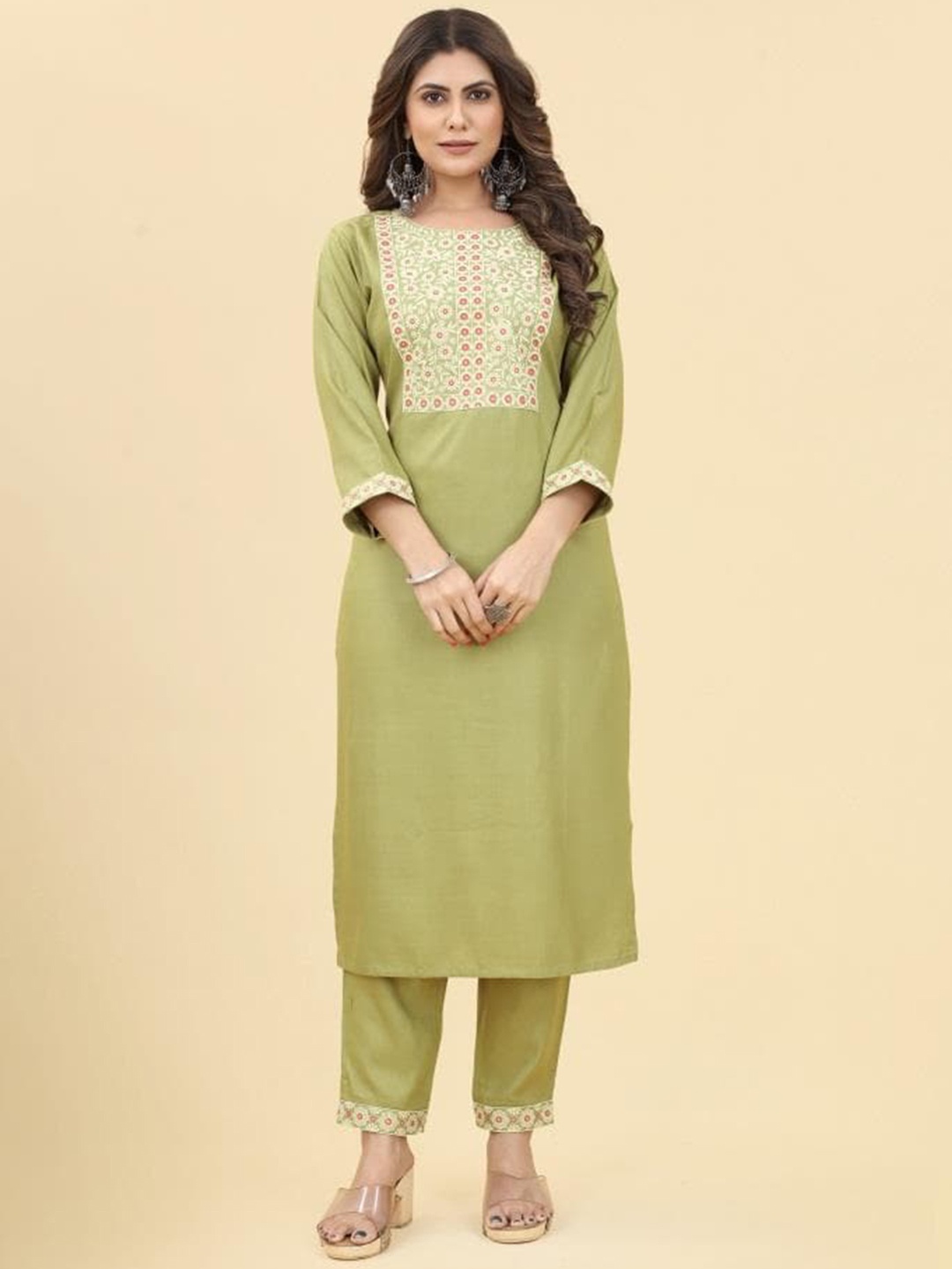 

KALINI Floral Printed Foil Yoke Design Thread Work Kurta with Trousers, Green
