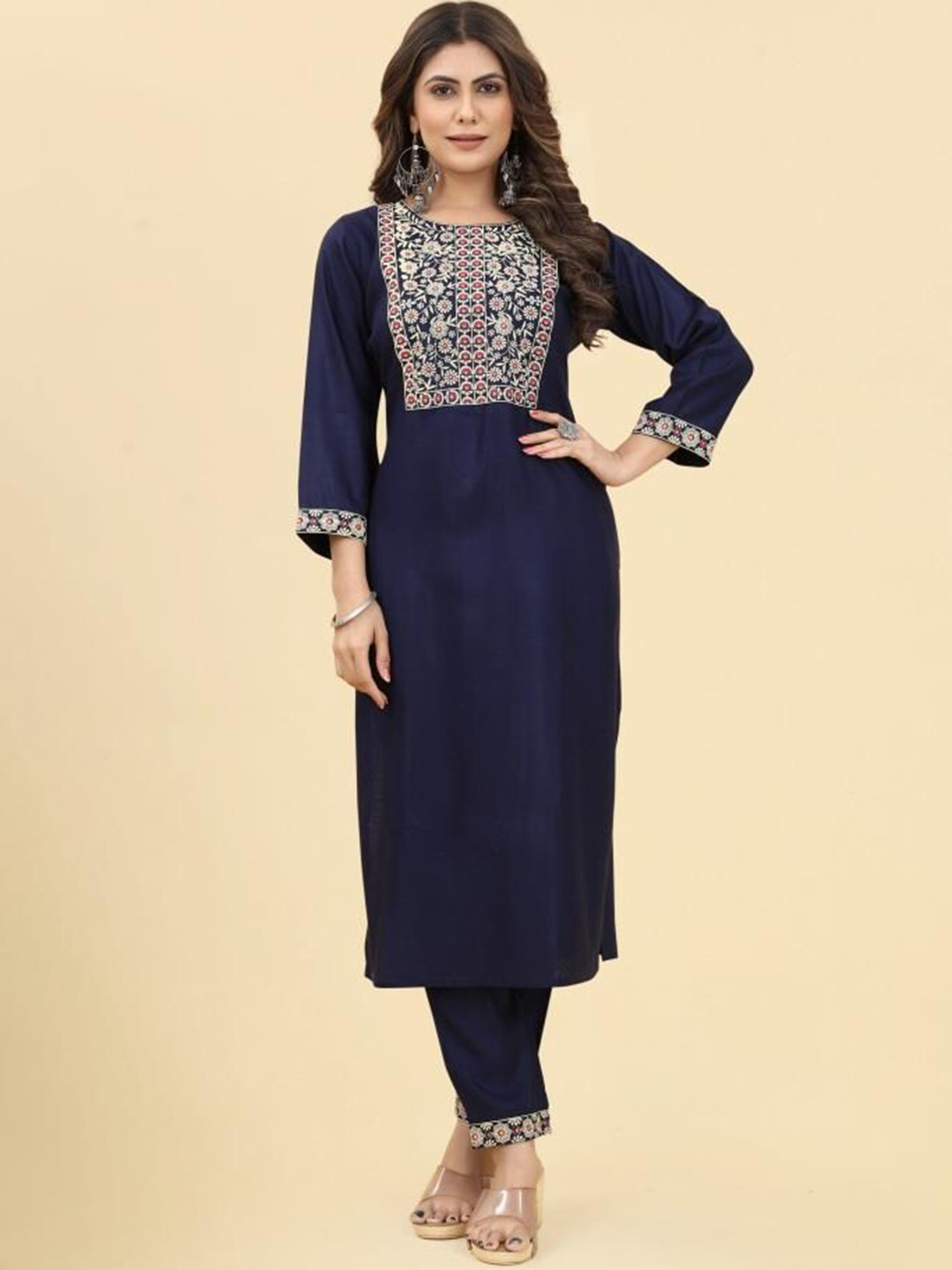 

KALINI Floral Embroidered Mirror Work Kurta with Trousers, Navy blue