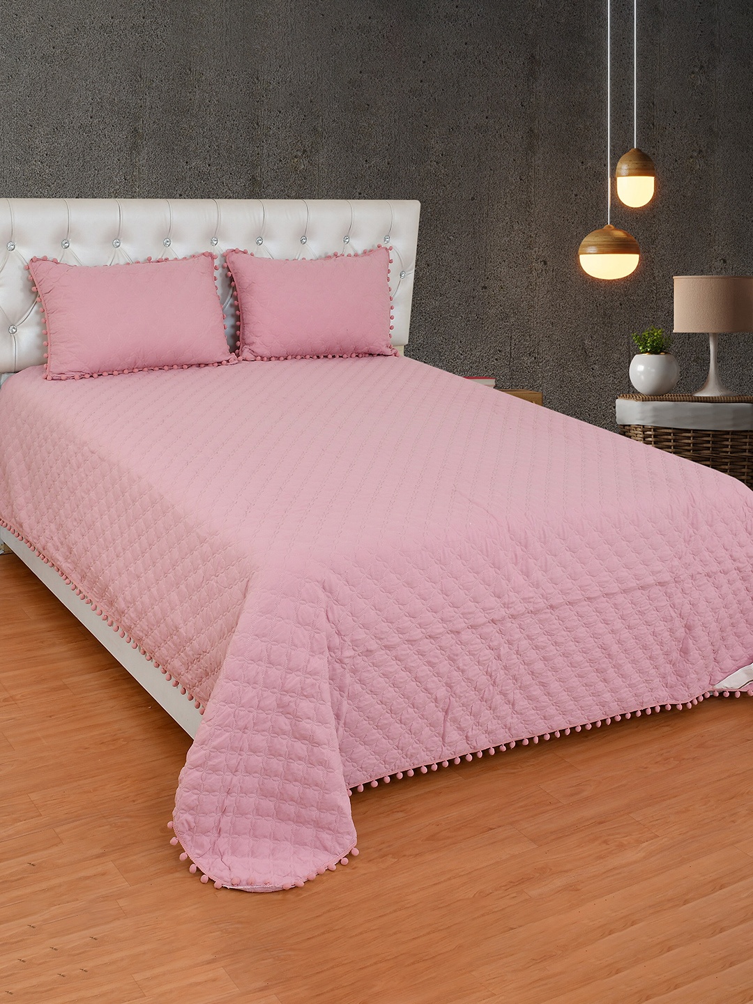 

MORADO BubbleLace Pink Quilted Double Queen Bedcover With 2 Pillow Covers